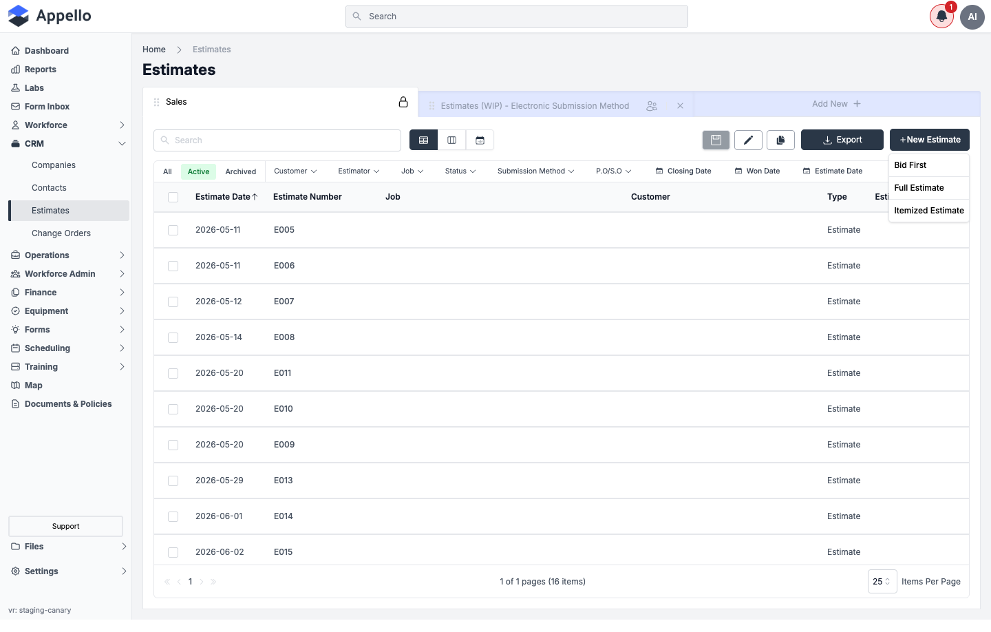 New Estimate menu showing Bid First, Full Estimate, and Itemized Estimate