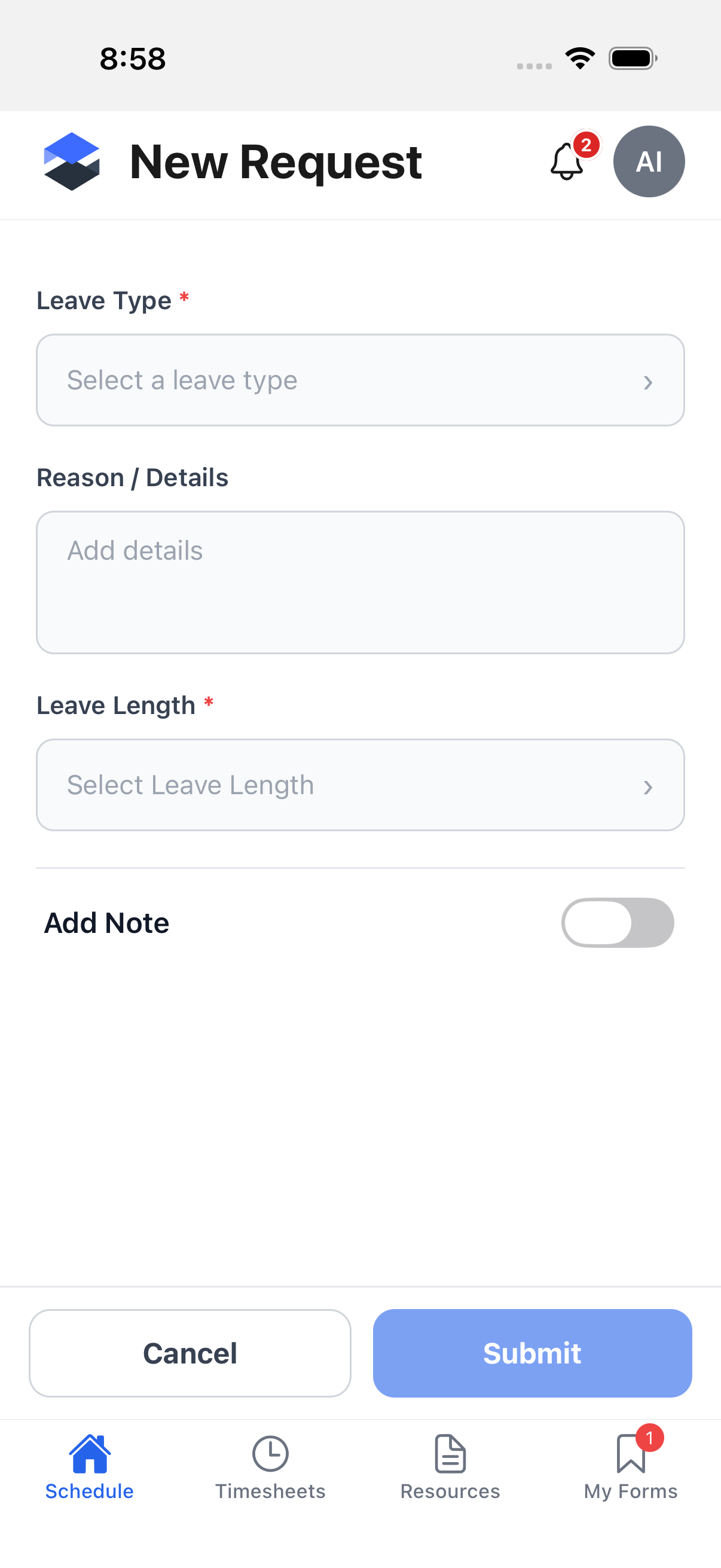 New Request form showing Leave Type, Reason / Details, Leave Length, and the Add Note toggle