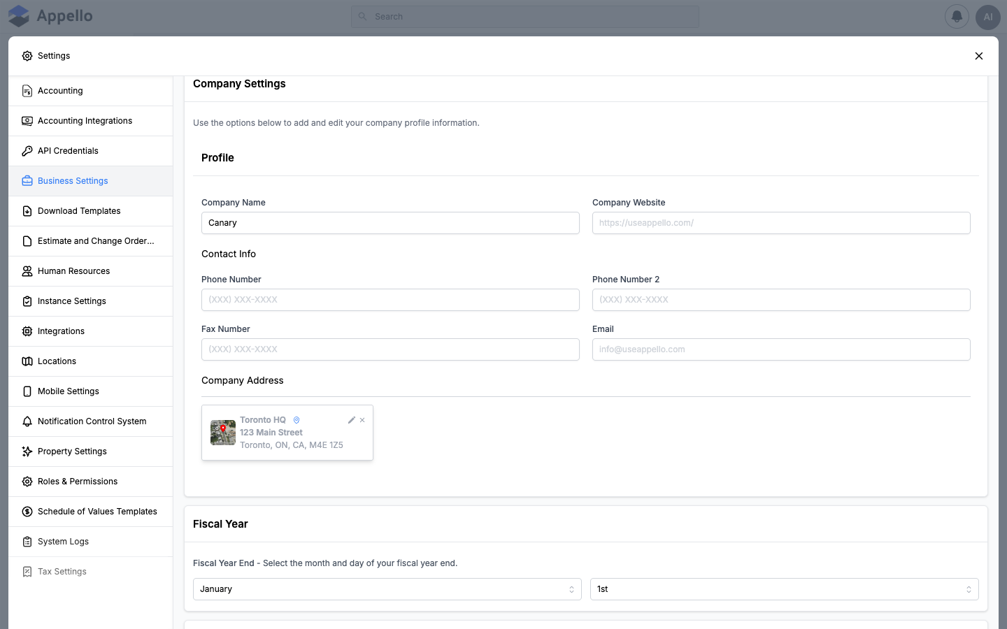 Top of the Business Settings tab: Company Settings/Profile card with the company address, and the start of the Fiscal Year card