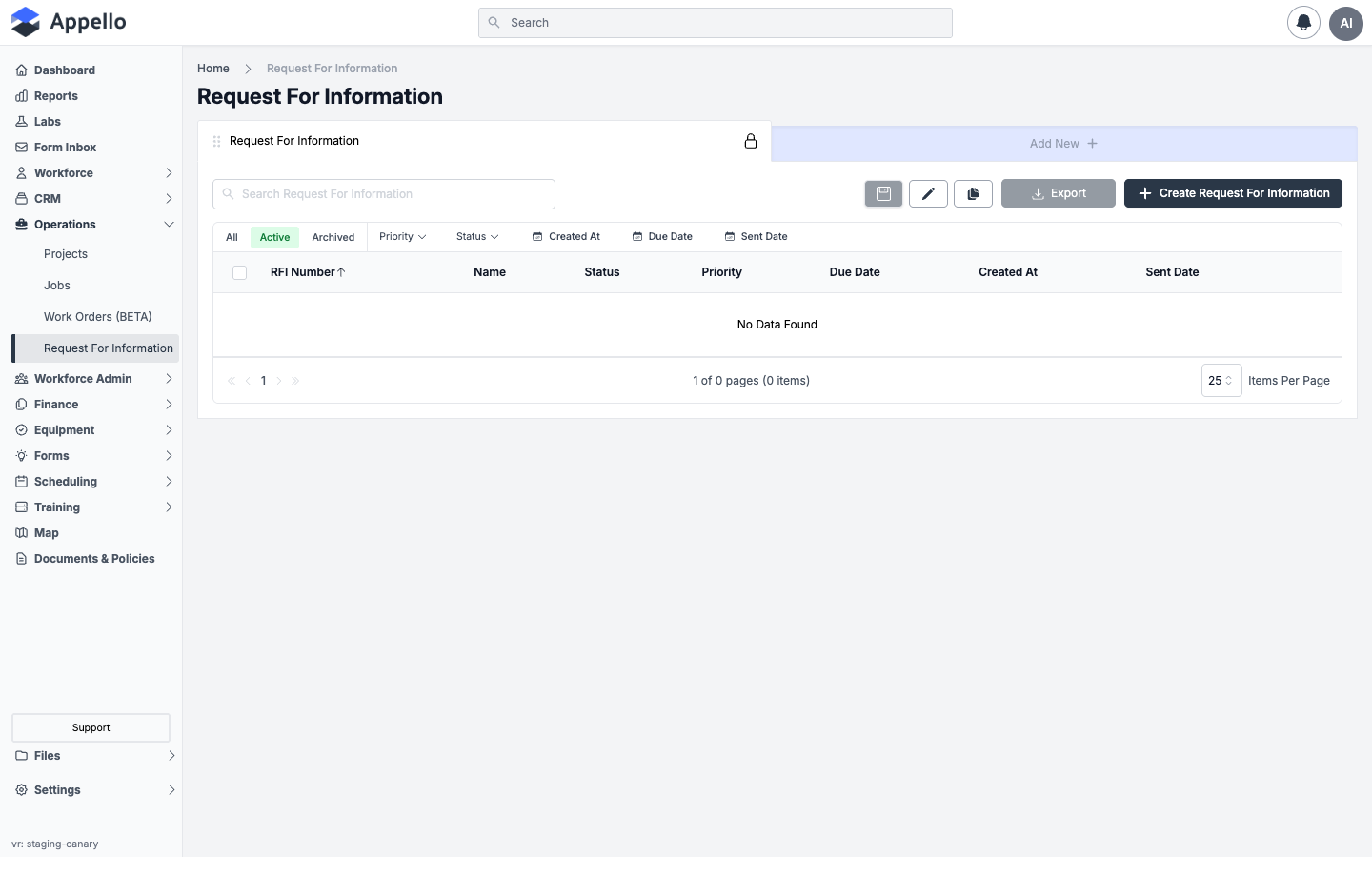 The company-wide Request For Information list on the demo instance, shown empty (Active tab)