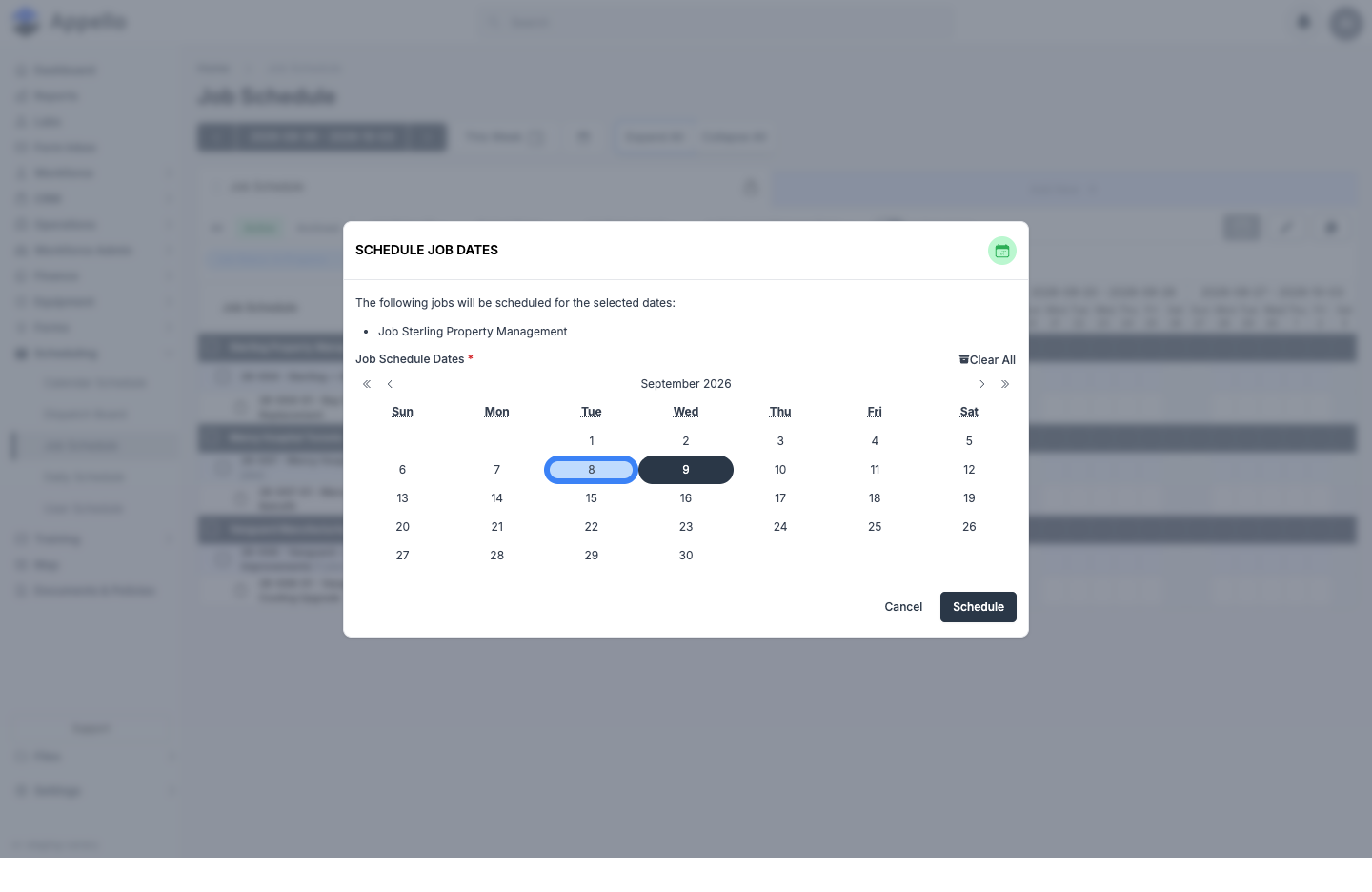Schedule Job Dates dialog, opened by shift-clicking a day cell, showing the multi-date calendar picker