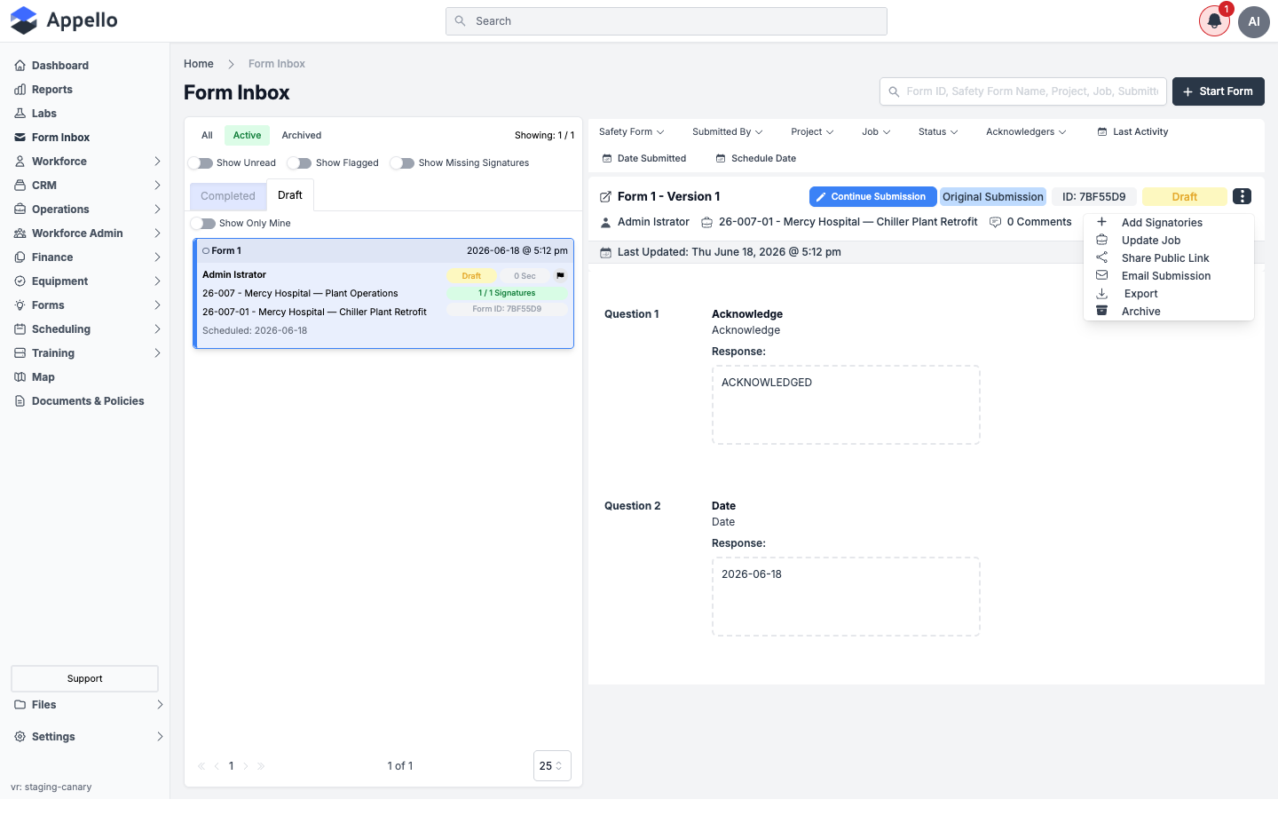 The submission settings menu open: Add Signatories, Update Job, Share Public Link, Email Submission, Export, Archive
