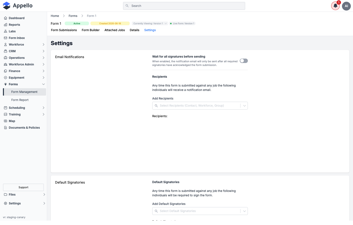 Settings tab for a safety form, showing Email Notifications (Wait for all signatures, Recipients) and Default Signatories cards