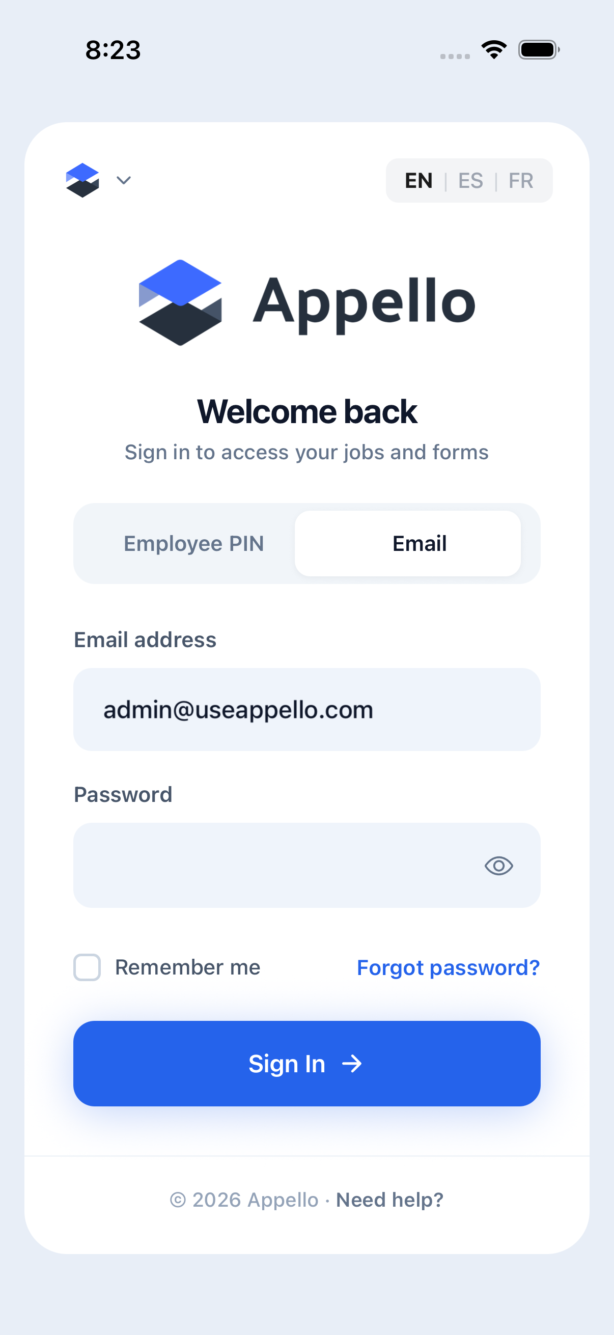 Sign-in screen on the Email tab, with the Email address, Password, Remember me, and Forgot password? controls