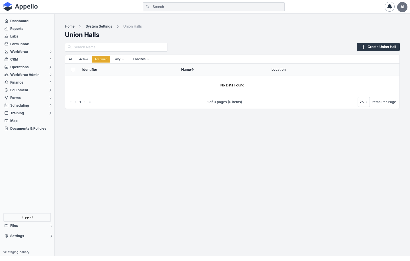Archived tab selected with no records, showing the list's No Data Found empty state