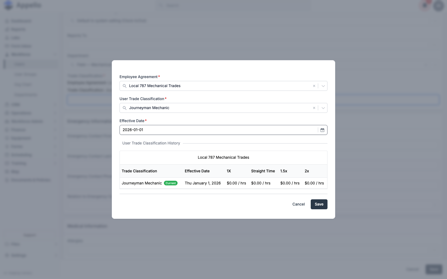 Update Trade Classification panel with Employee Agreement, Trade Classification, and Effective Date fields