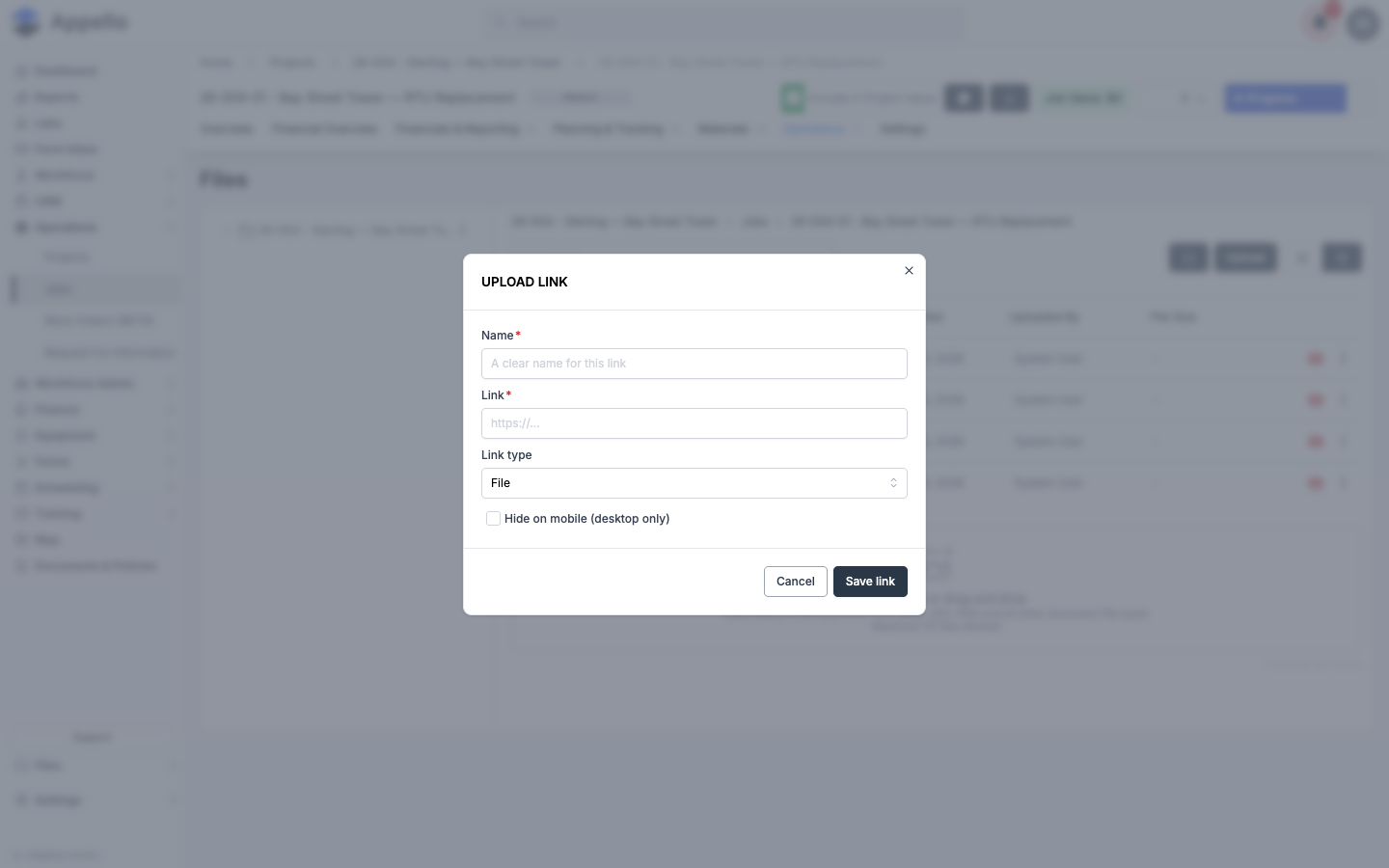 Upload Link dialog with Name, Link, Link type, and Hide on mobile fields