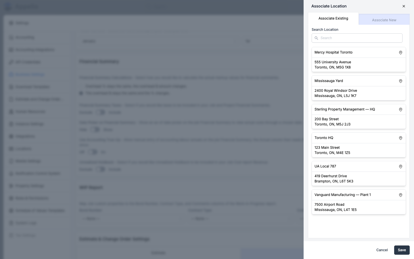 The "Associate Location" panel opened from the Company Address card, showing the Associate Existing tab with a list of matching locations