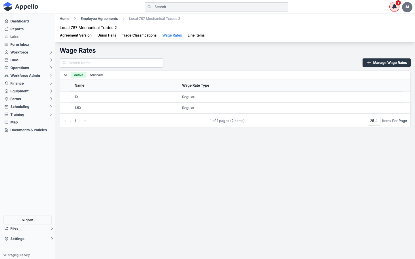 Wage Rates tab listing 1X and 1.5X rate categories, both Regular type