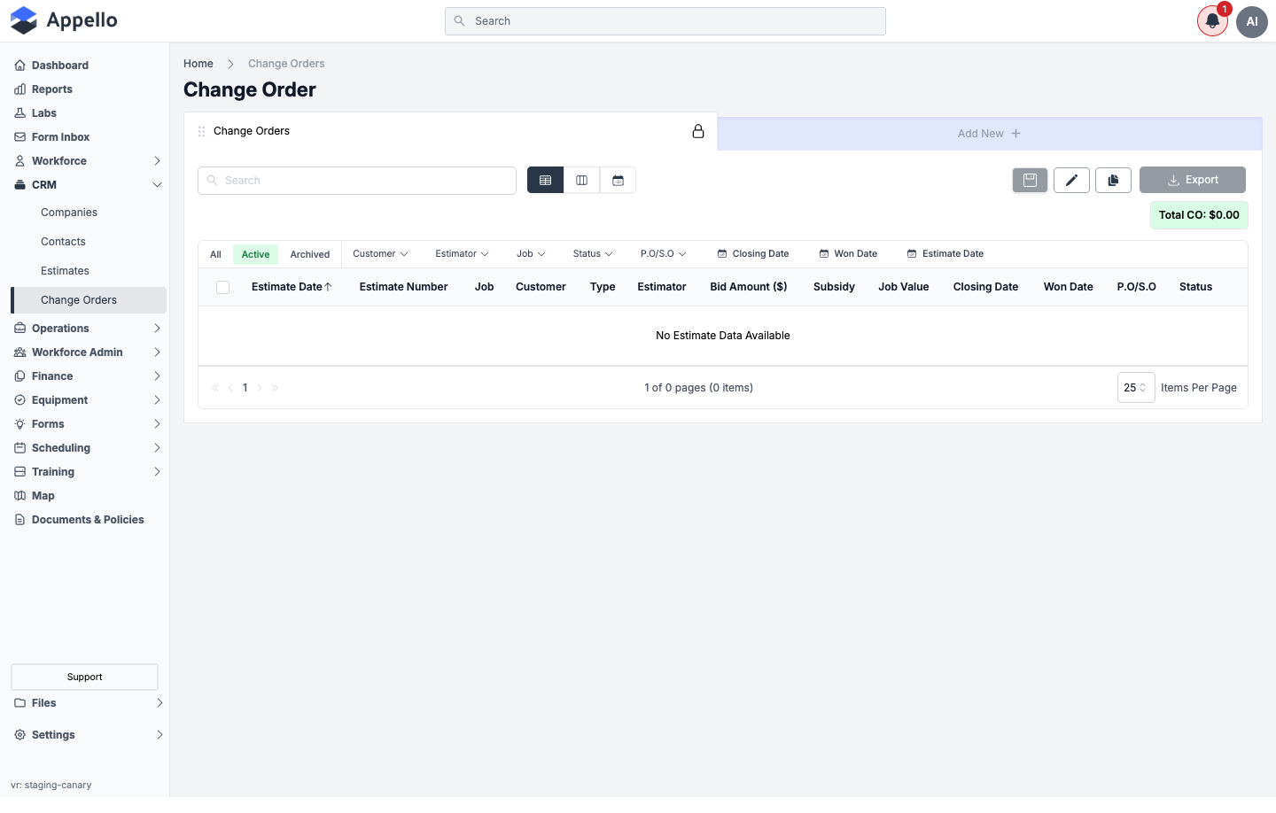 The Change Order report list, showing columns, tabs, and the Total CO summary -- shown empty on the demo instance