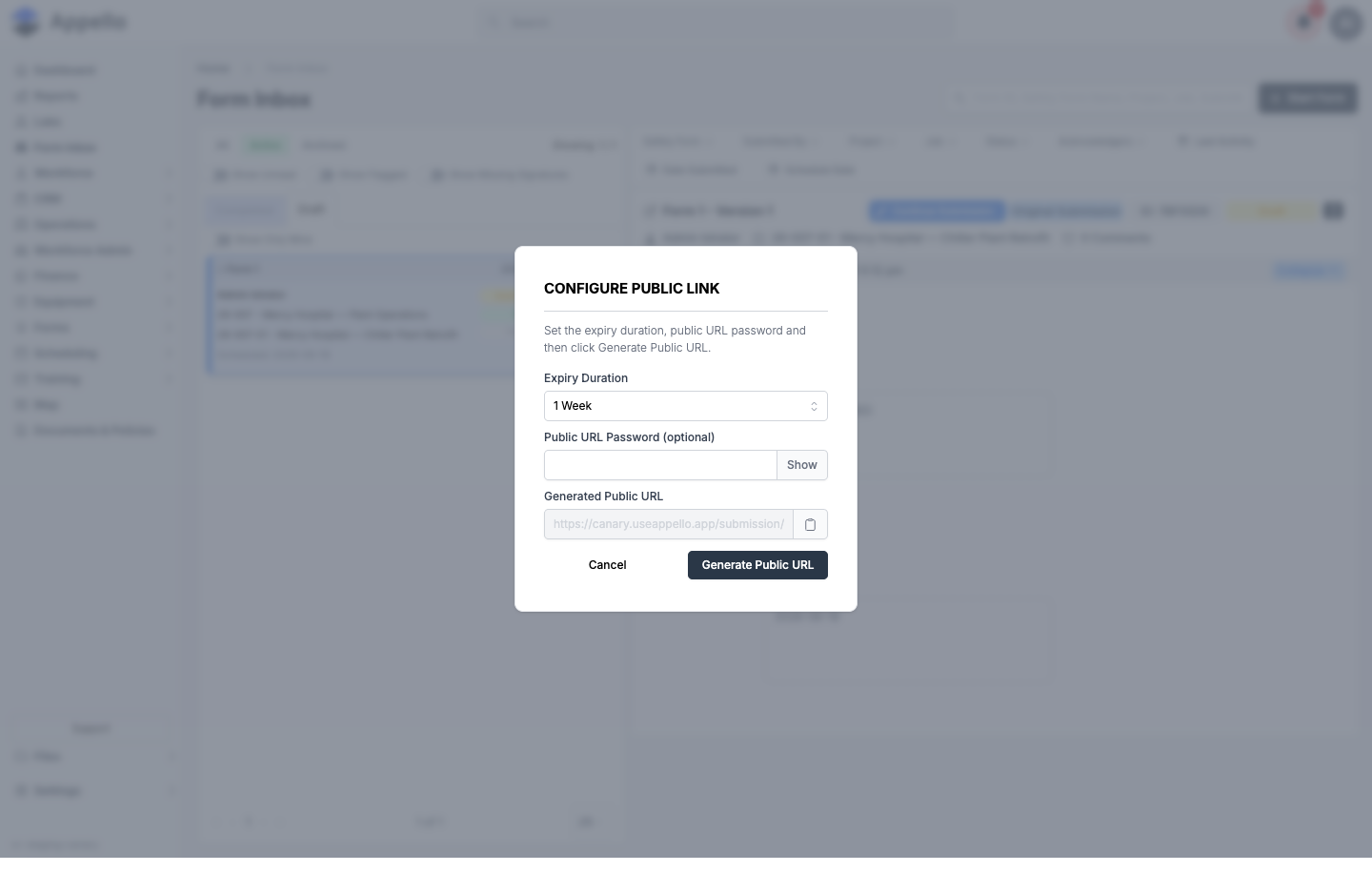 The Configure Public Link dialog with Expiry Duration, an optional password, and the Generate Public URL button