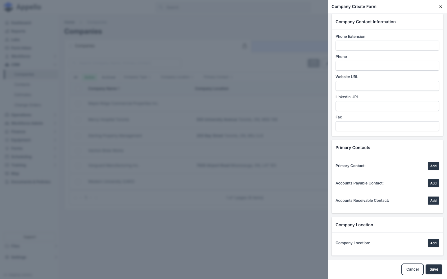 Bottom of the Company Create Form — remaining contact fields, the three Primary Contacts rows, Company Location, and Cancel/Save