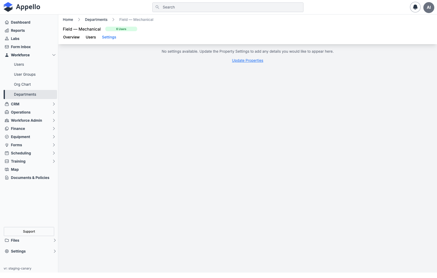 Department Settings tab empty state: "No settings available. Update the Property Settings to add any details you would like to appear here." with an Update Properties link