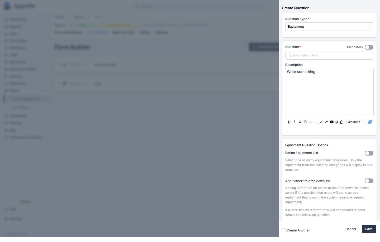 Equipment question type options in the form builder: Refine Equipment List and Add Other to drop down list