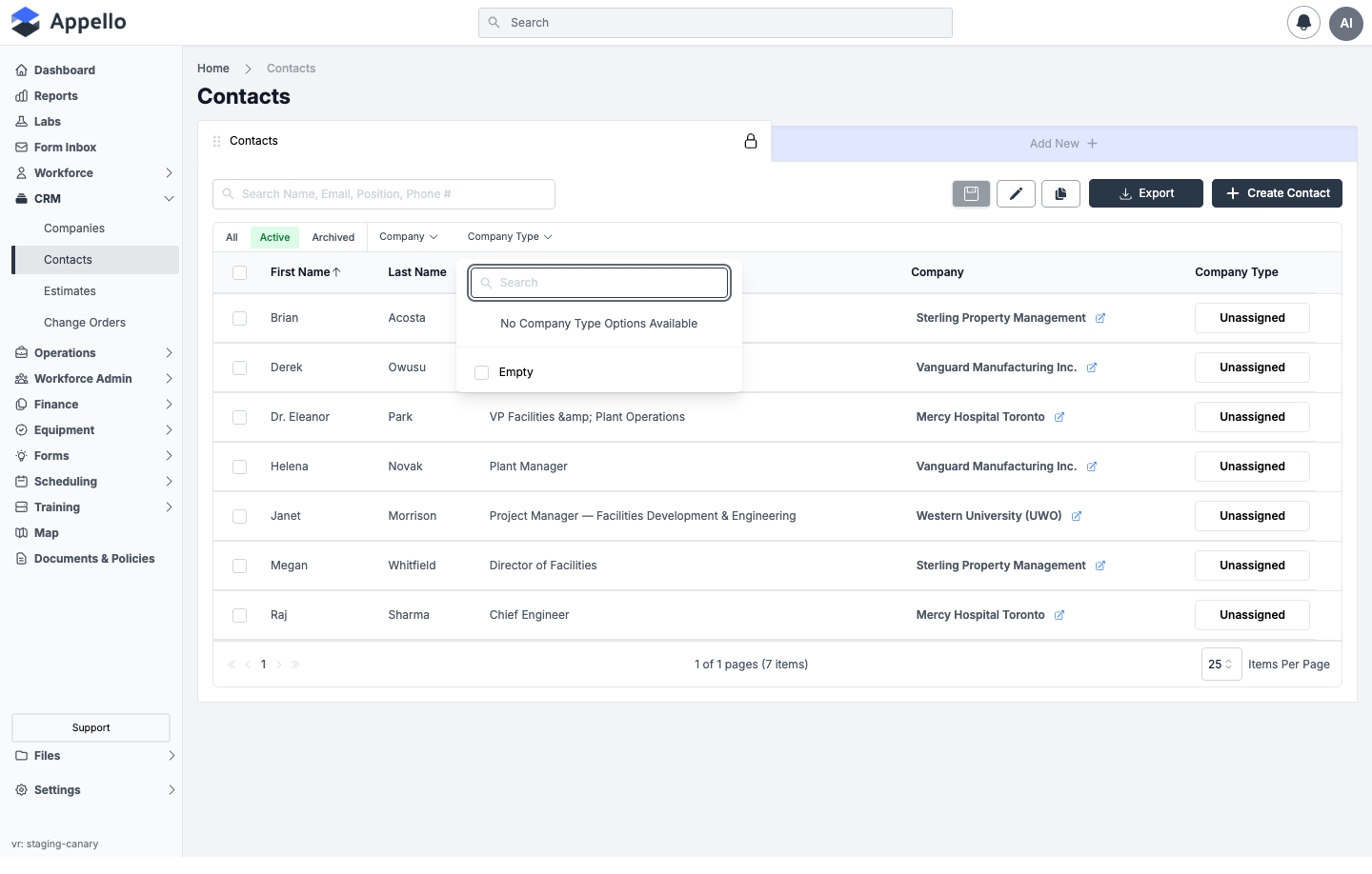 Company Type filter chip open on the Contacts list, showing the searchable option list with an Empty bucket