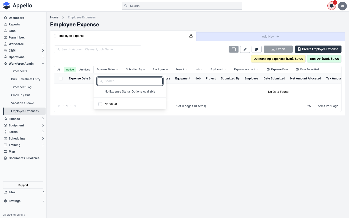 Employee Expenses list with the Expense Status filter open, showing its search box