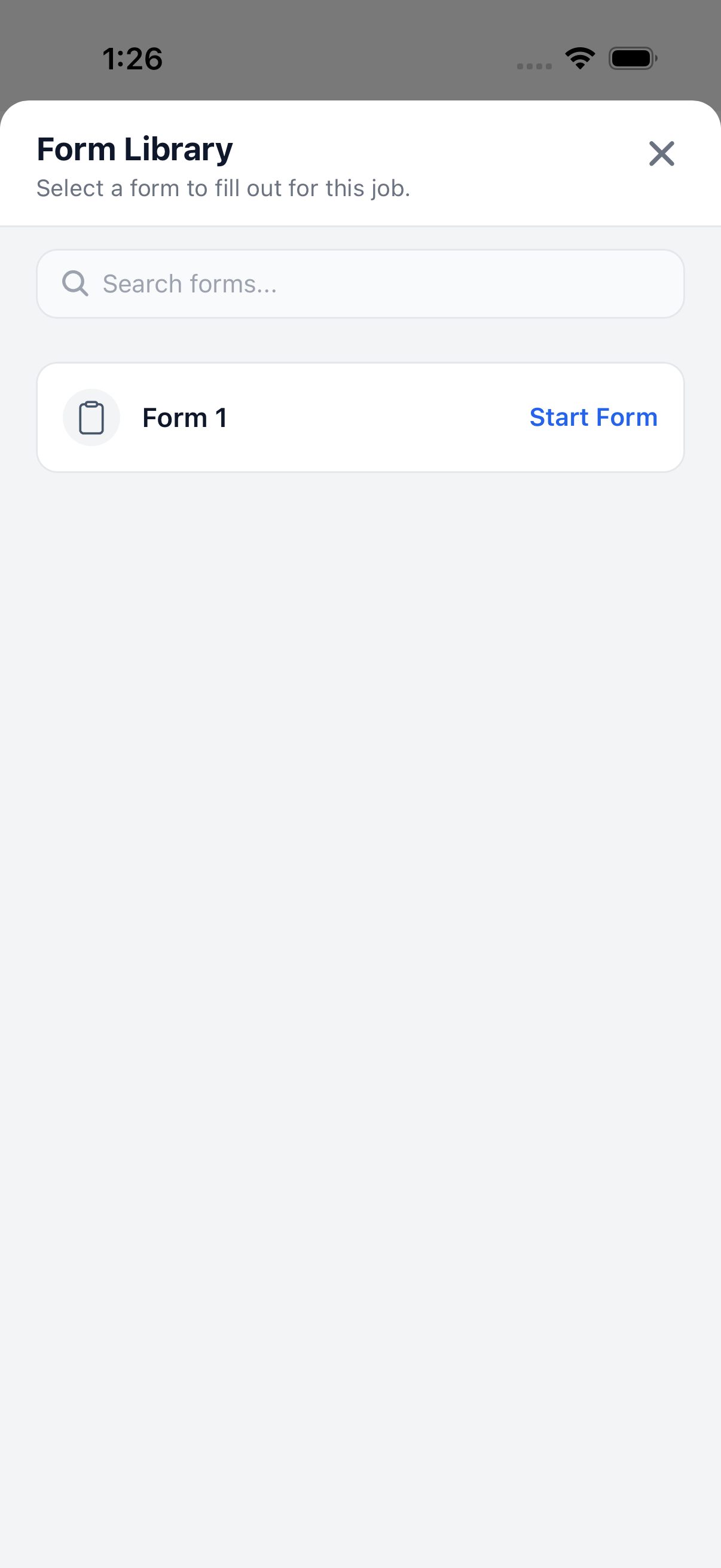 The Form Library sheet on a job, listing available form templates to start