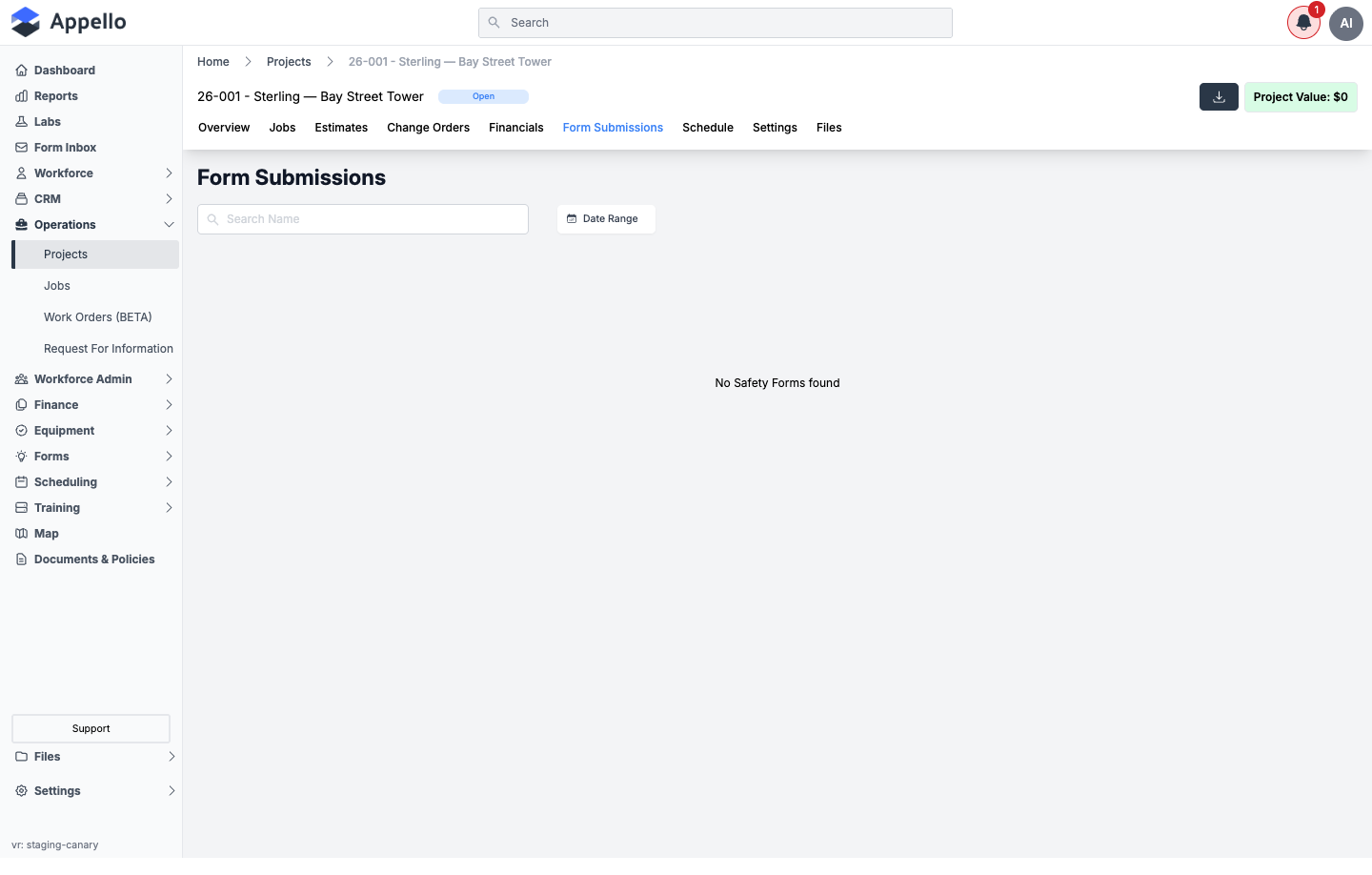 Project Form Submissions tab, shown empty on the demo instance