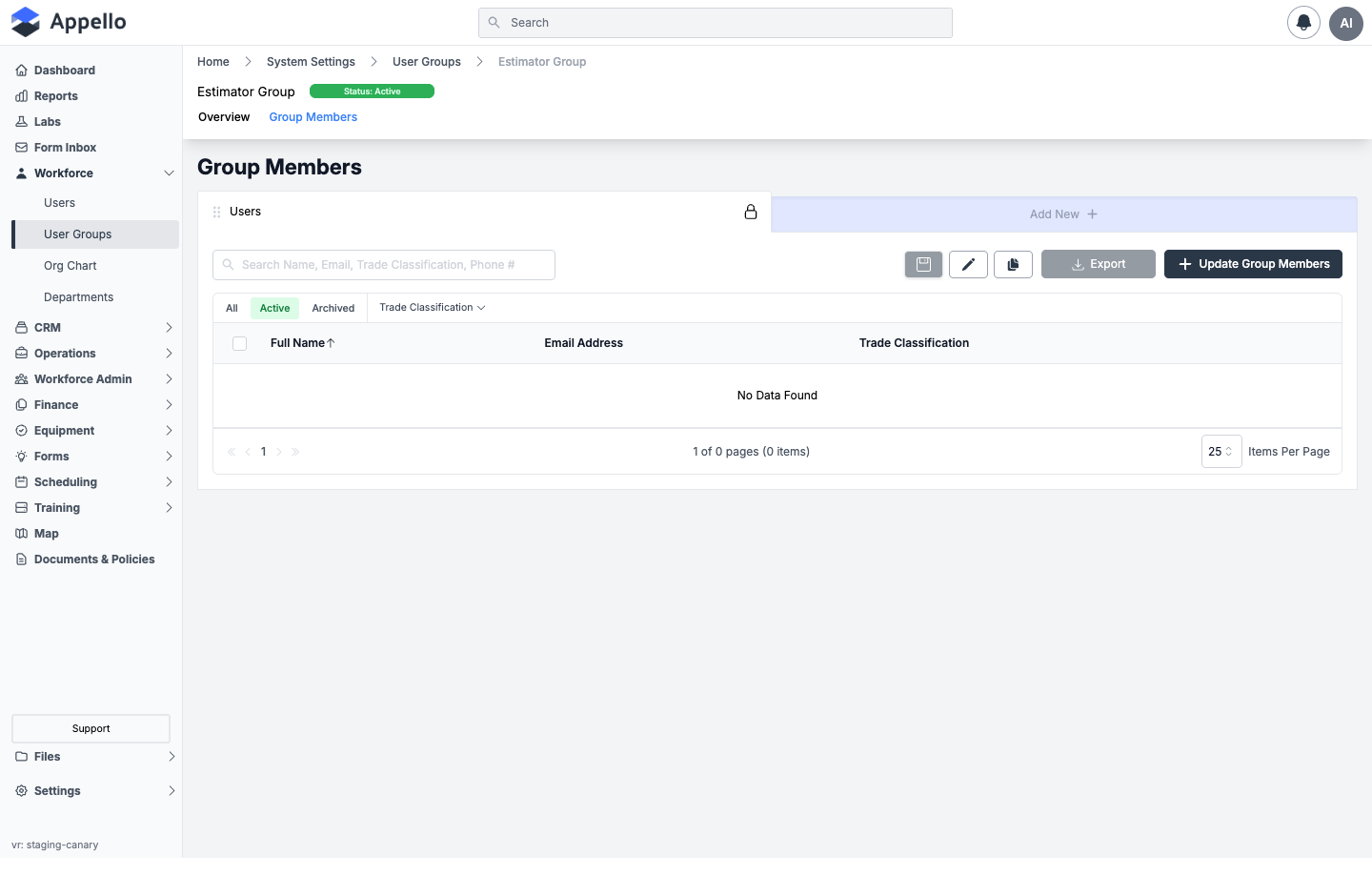 Group Members tab shown empty on the demo instance, with No Data Found