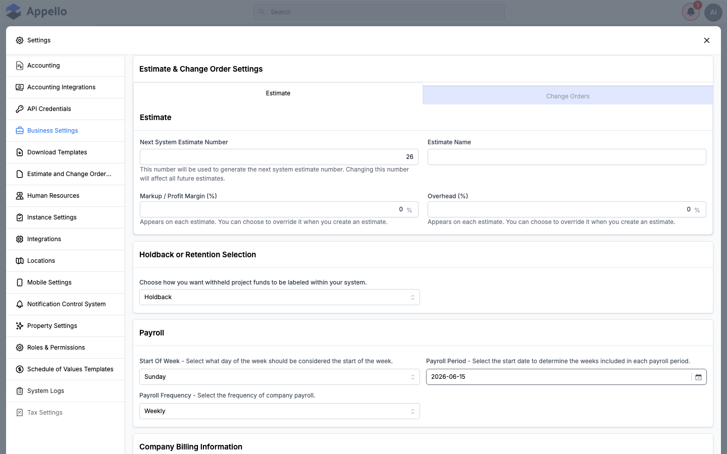 Holdback or Retention Selection card in Business Settings, with the label dropdown set to Holdback