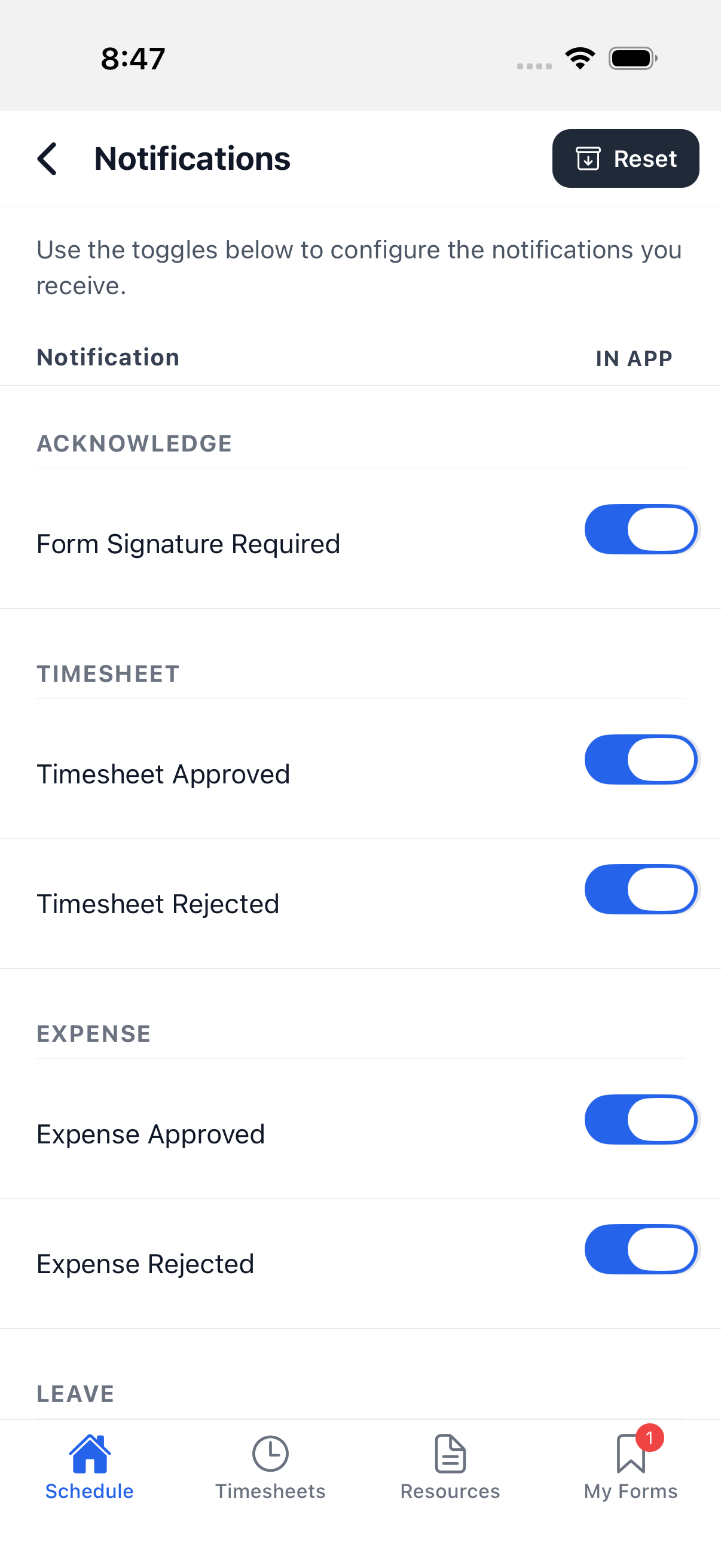 Notification settings screen showing category-grouped notification types with an In App toggle column