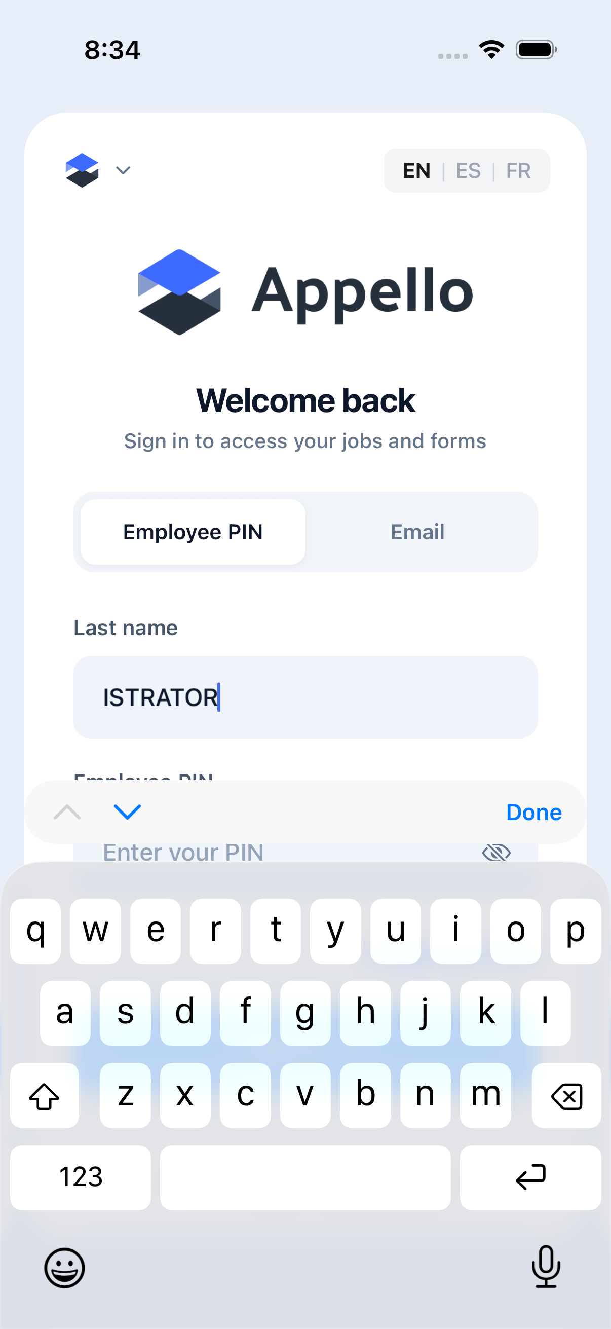 Employee PIN field with the reveal toggle switched on, no digits entered yet