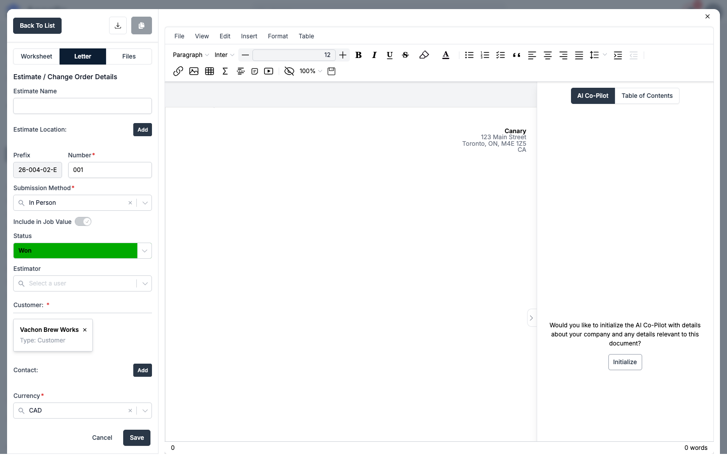 Letter tab open on a Won estimate, showing the document editor, formatting toolbar, and AI Co-Pilot panel