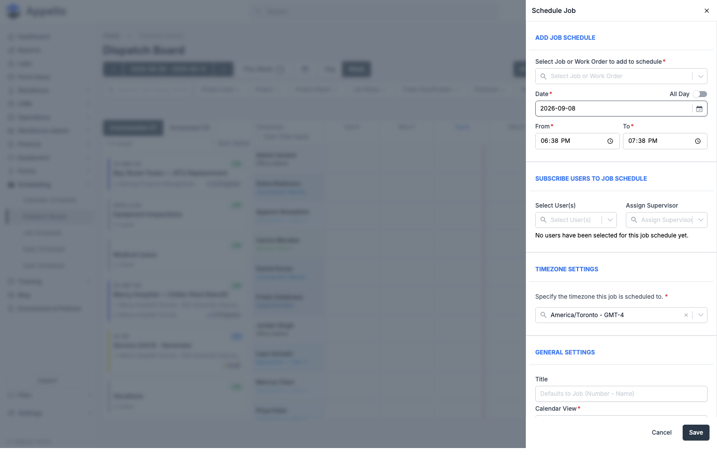 Schedule Job panel opened from the Schedule + button, with Add Job Schedule, Subscribe Users to Job Schedule, Timezone Settings, and General Settings sections