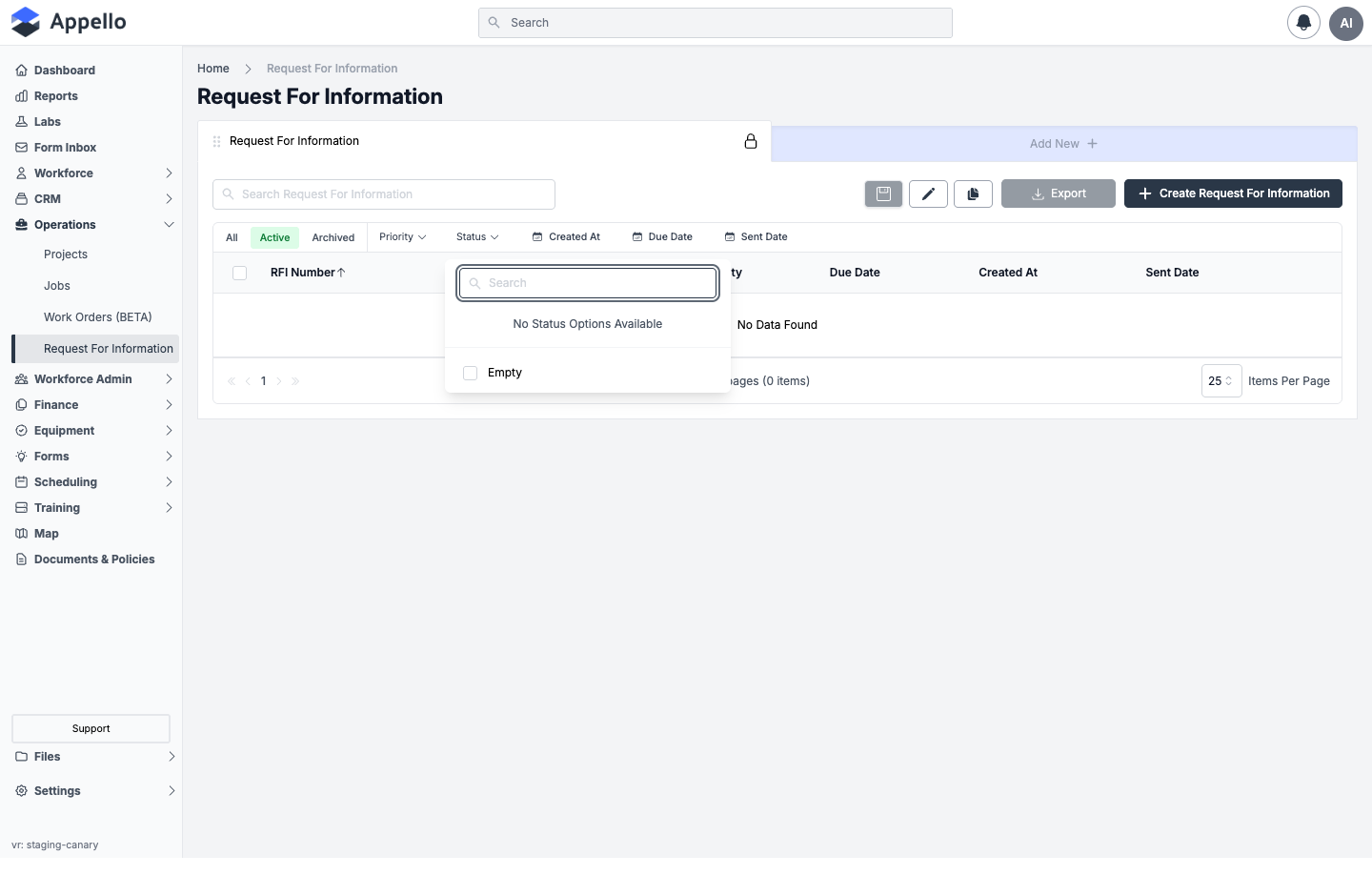 The Status filter open on the demo instance: a search box, "No Status Options Available", and an Empty checkbox
