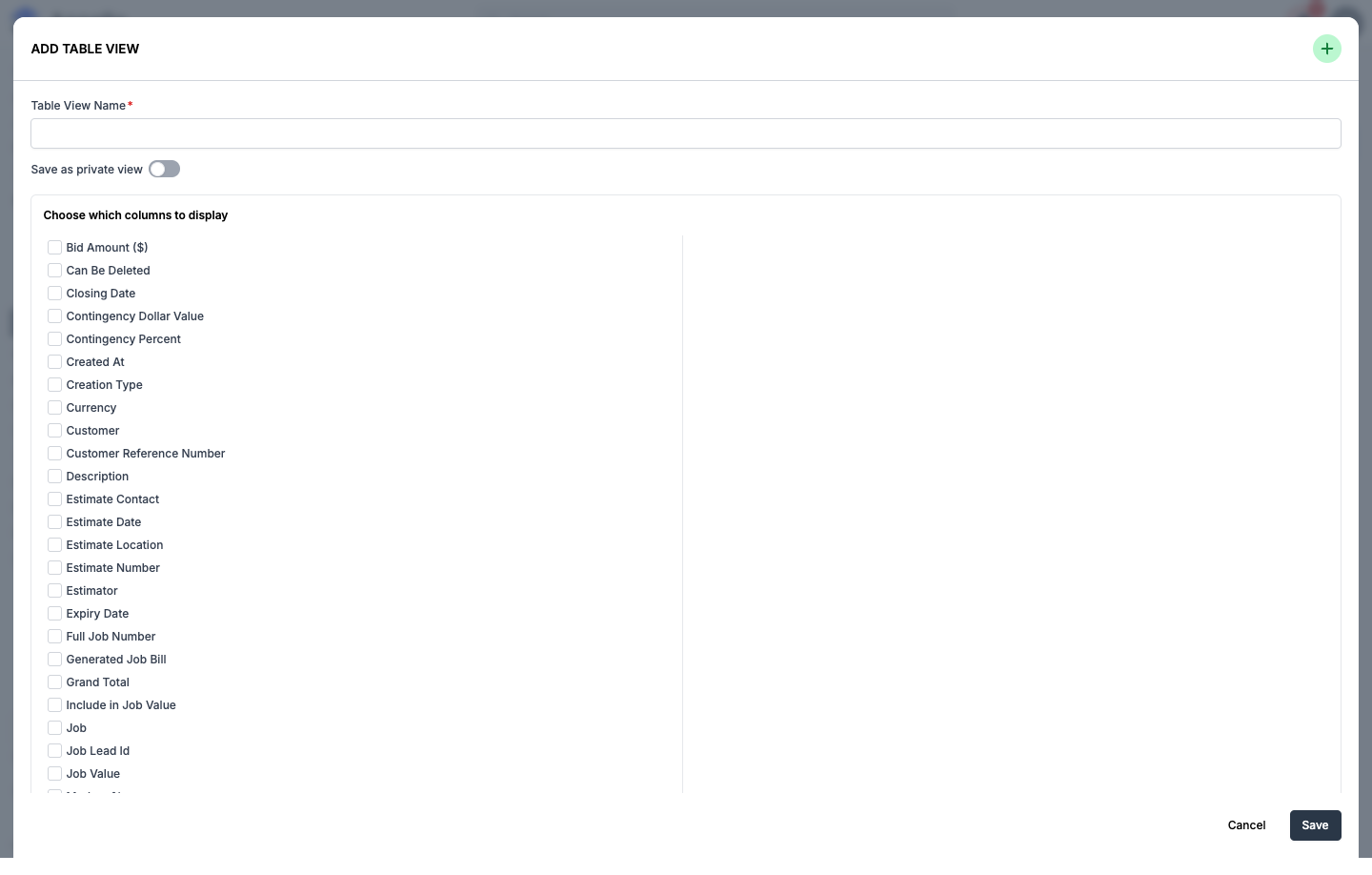 The Add Table View panel with checkboxes for every available column