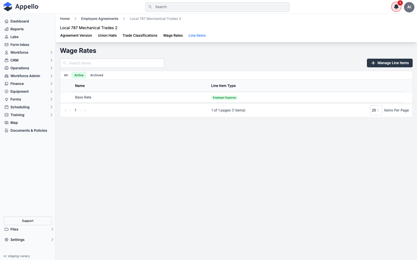 Line Items tab listing a Base Rate line item marked as Employer Expense