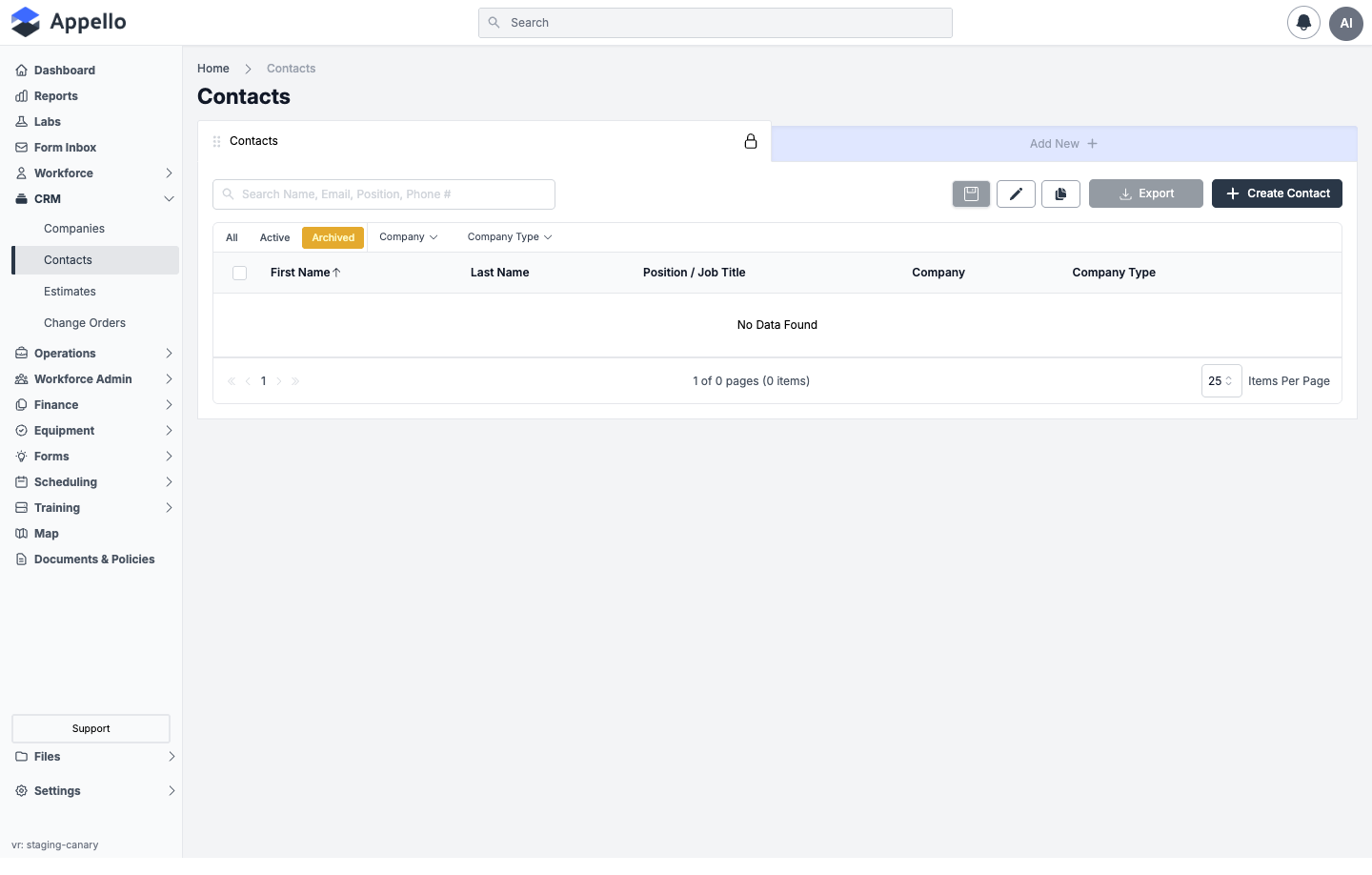 Contacts Archived tab, shown empty on the demo instance -- Export is disabled and the table reads "No Data Found"