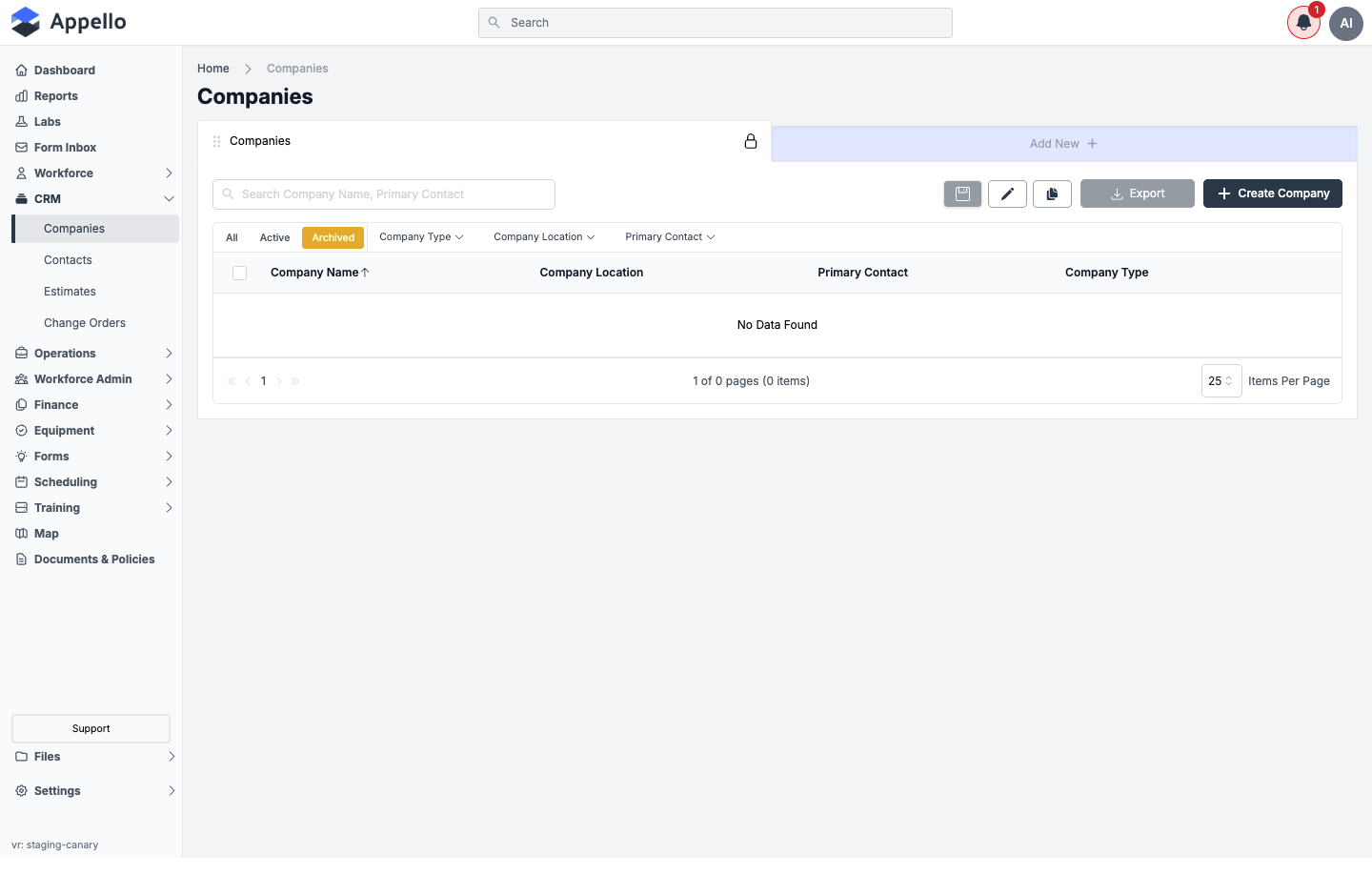 Companies Archived tab, shown empty on the demo instance — no companies have been archived
