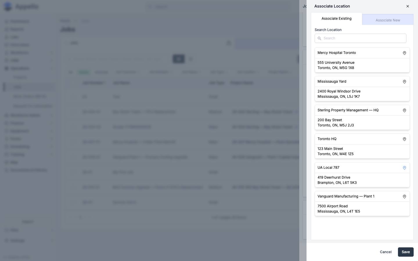 Associate Location panel showing a list of existing saved addresses to link to the job