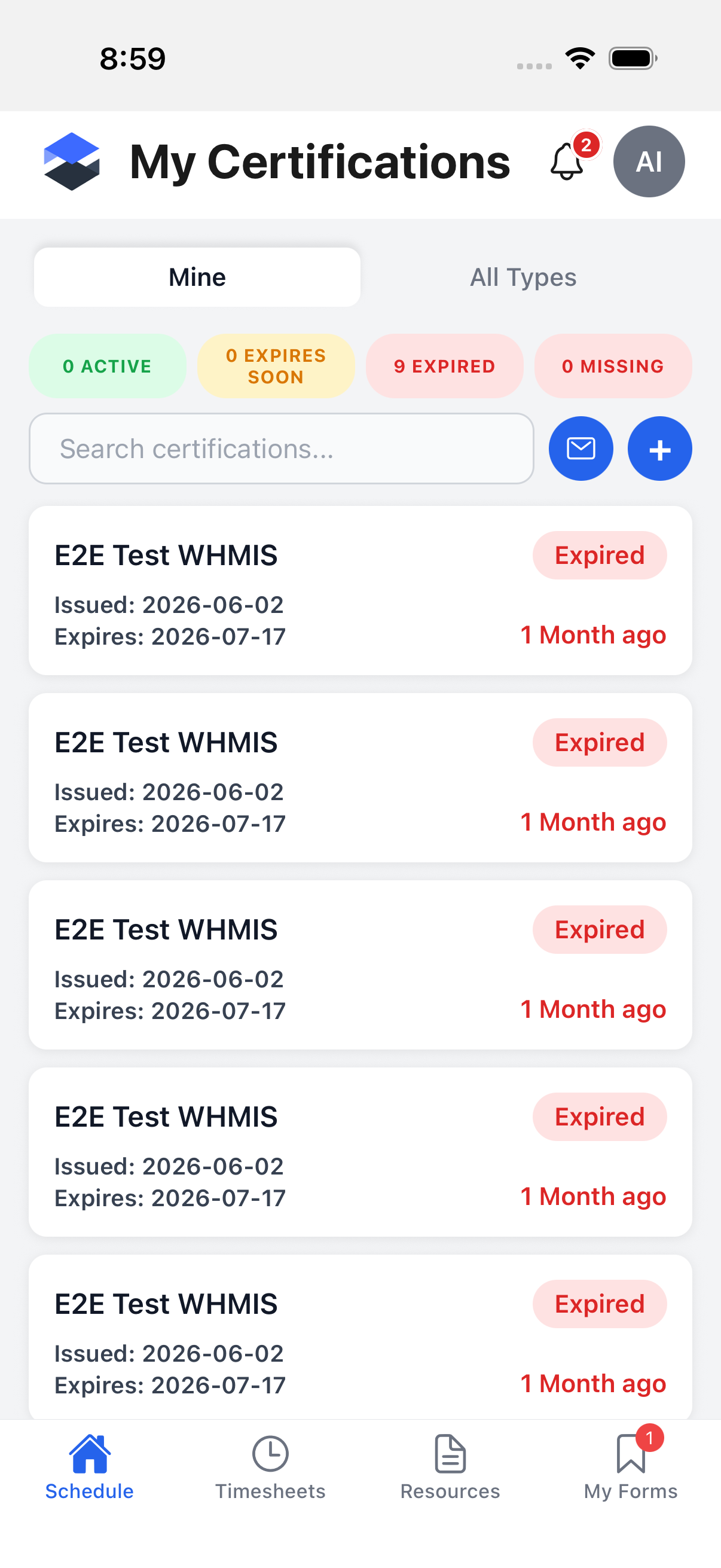 My Certifications list on mobile showing Mine / All Types toggle, status counts, and a list of certification records
