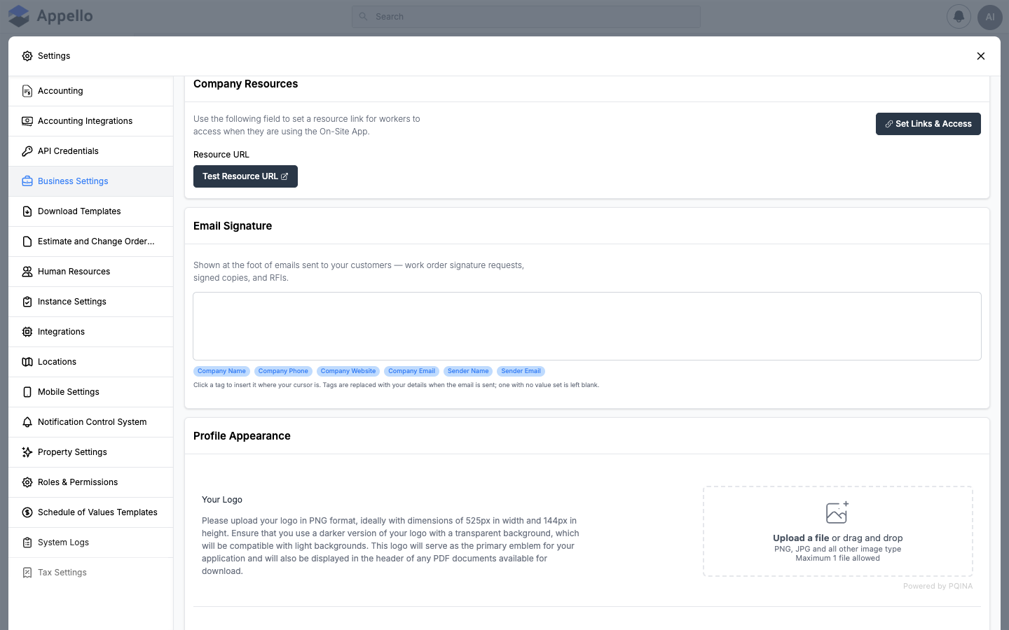 Company Resources card and the top of the Email Signature and Profile Appearance cards below it