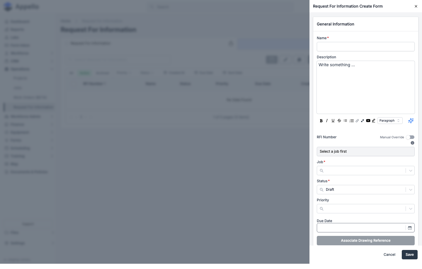 The same Create Request For Information form opened from the company-wide list, before a Job is selected -- Name, Description, RFI Number placeholder, Job, Status (defaulted to Draft), Priority, Due Date, and Associate Drawing Reference