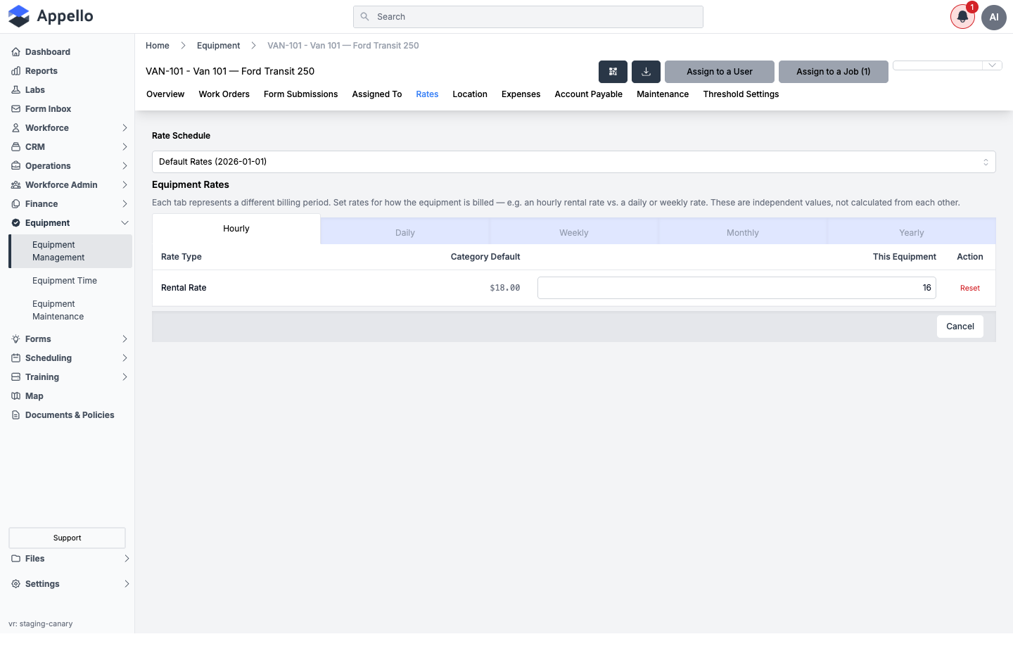 Equipment Rates tab in edit mode, with an editable field for the Rental Rate override and a Reset link to clear it back to the category default