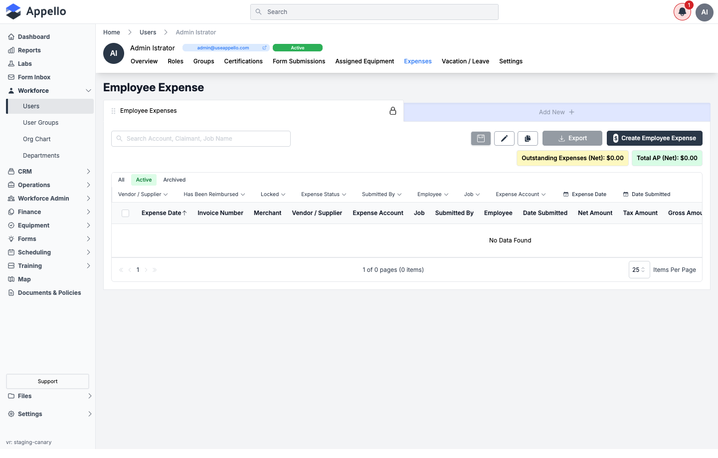 Expenses tab shown empty on the demo instance