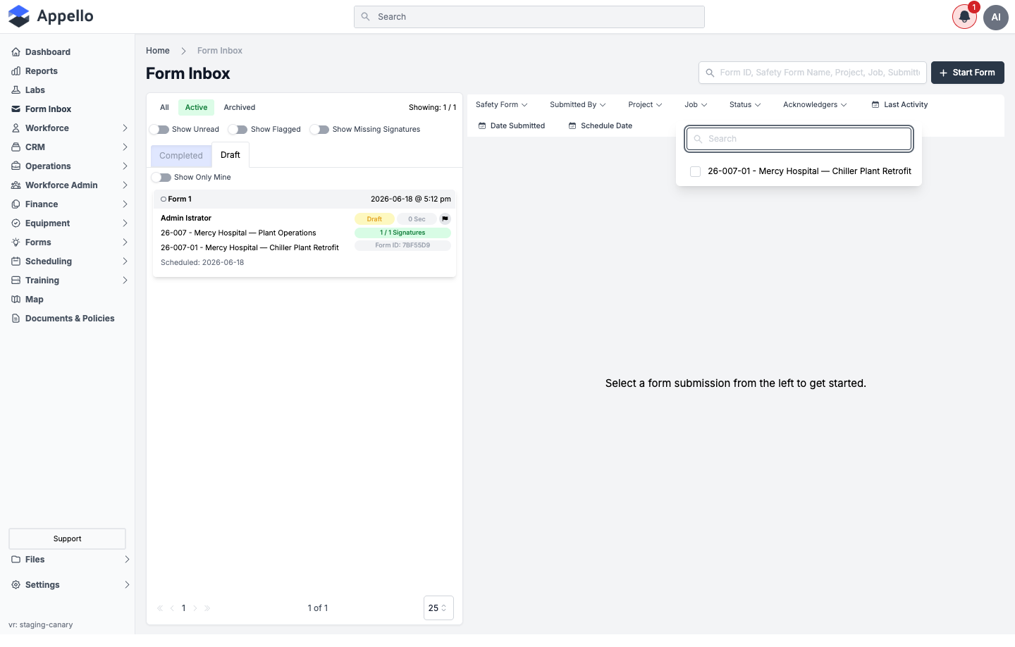 The Job filter dropdown open, showing a search box and a checkbox list of matching jobs