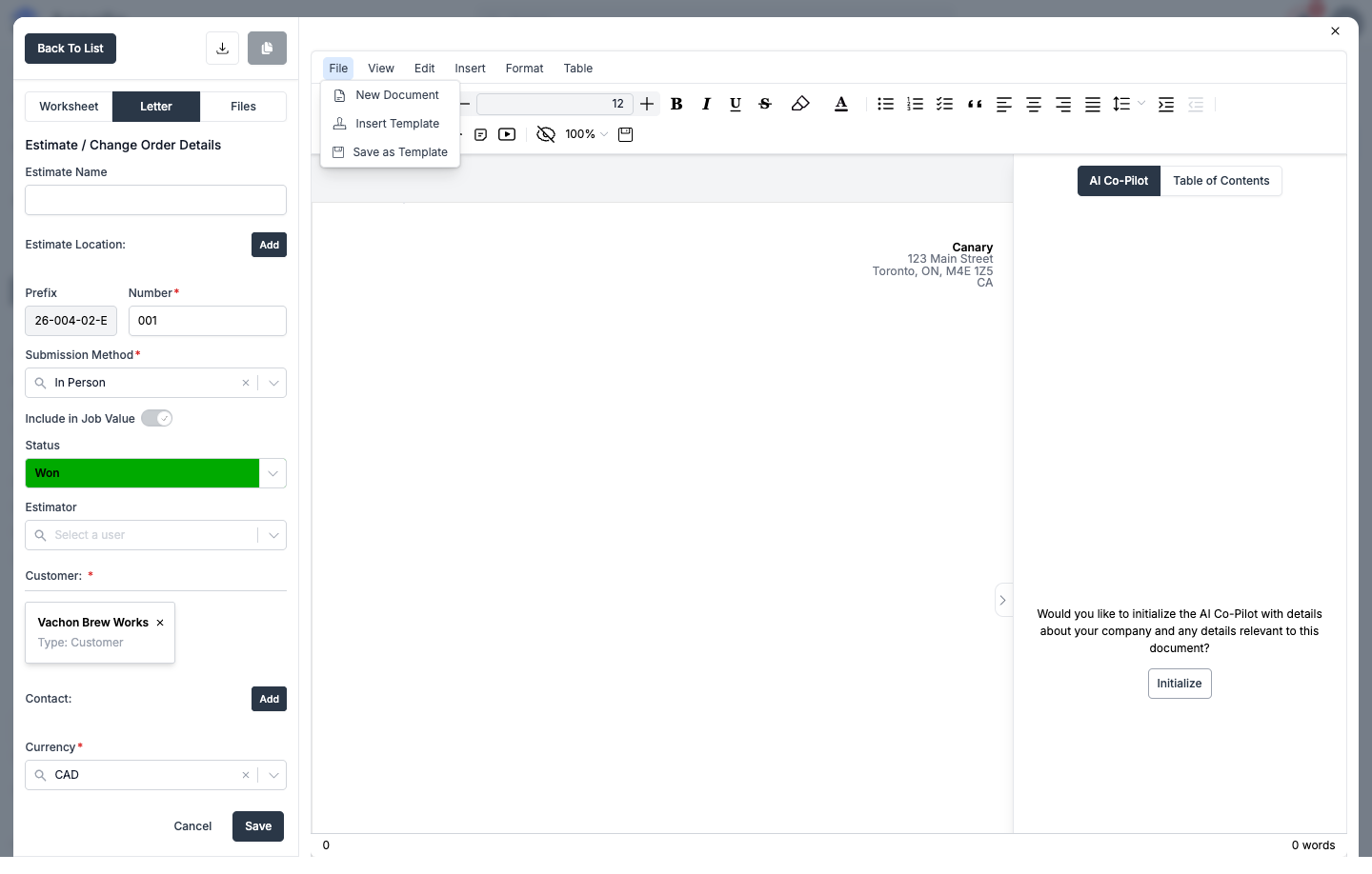 File menu in the Letter tab showing New Document, Insert Template, and Save as Template