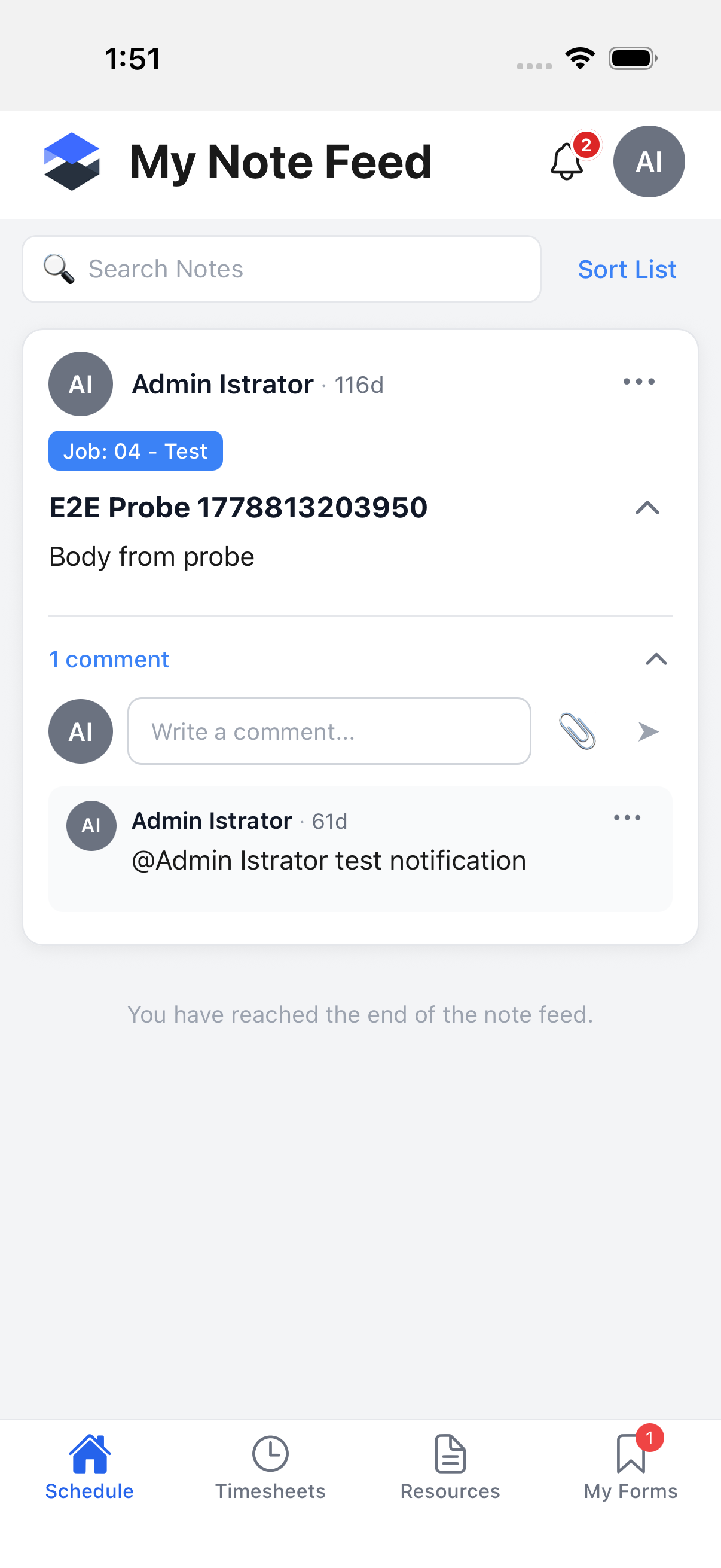 The My Note Feed toolbar -- Search Notes and Sort List, with no compose button next to them