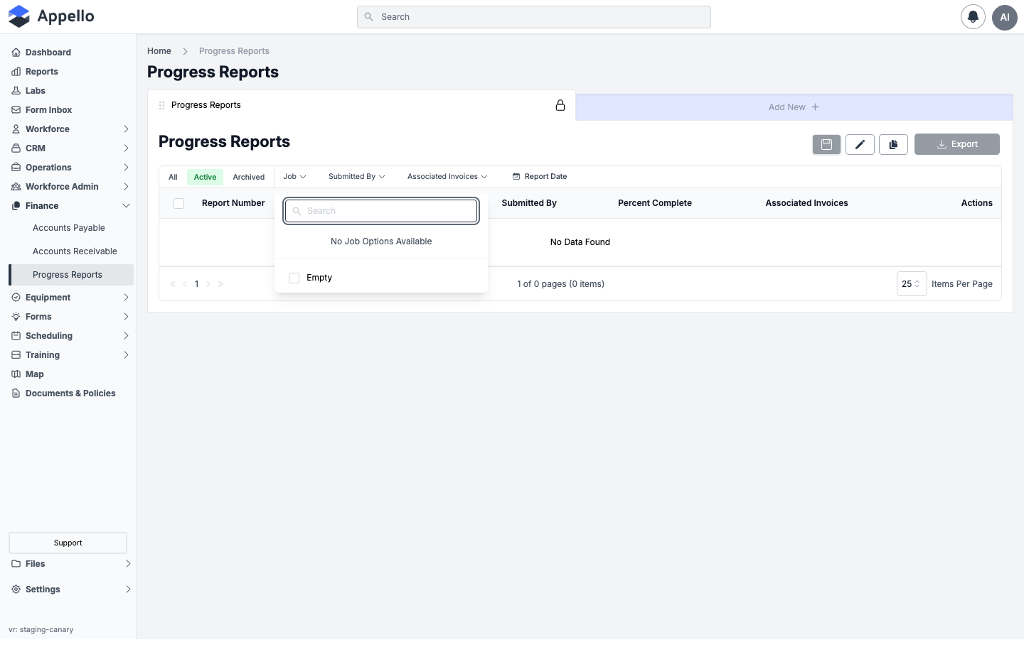 Job filter open on the Progress Reports overview, showing a searchable checklist with an Empty option
