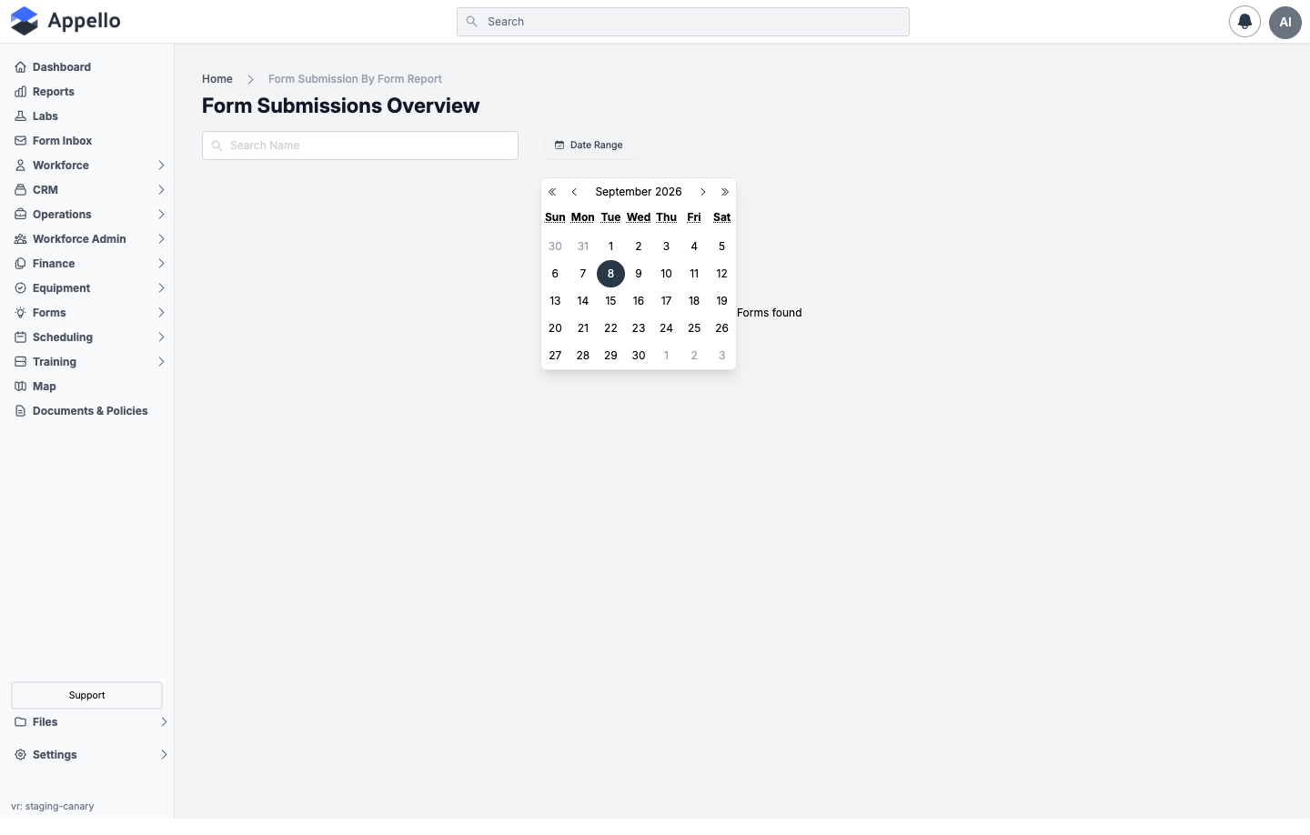 The Date Range filter open, showing a month calendar
