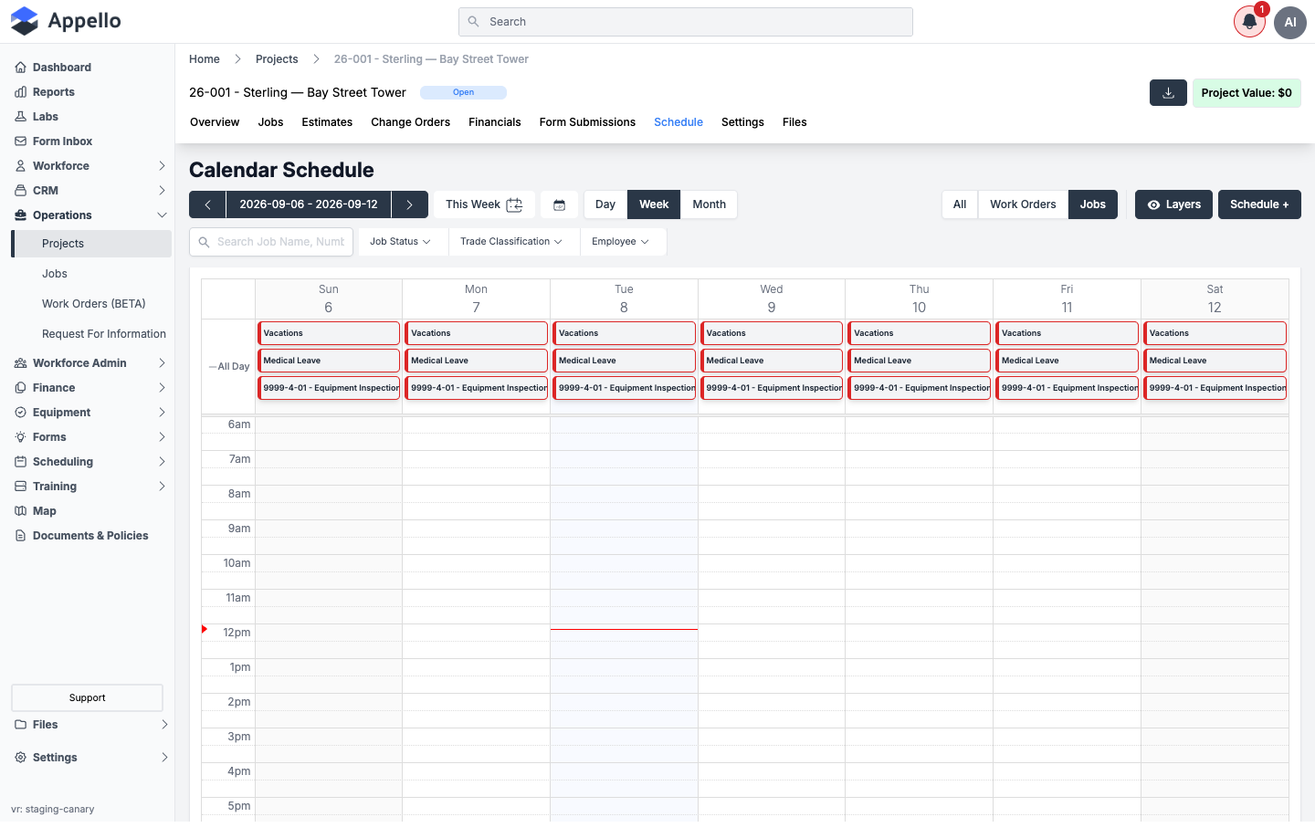 Project Schedule tab, showing the weekly calendar with company-wide all-day events (Vacations, Medical Leave, Equipment Inspection)