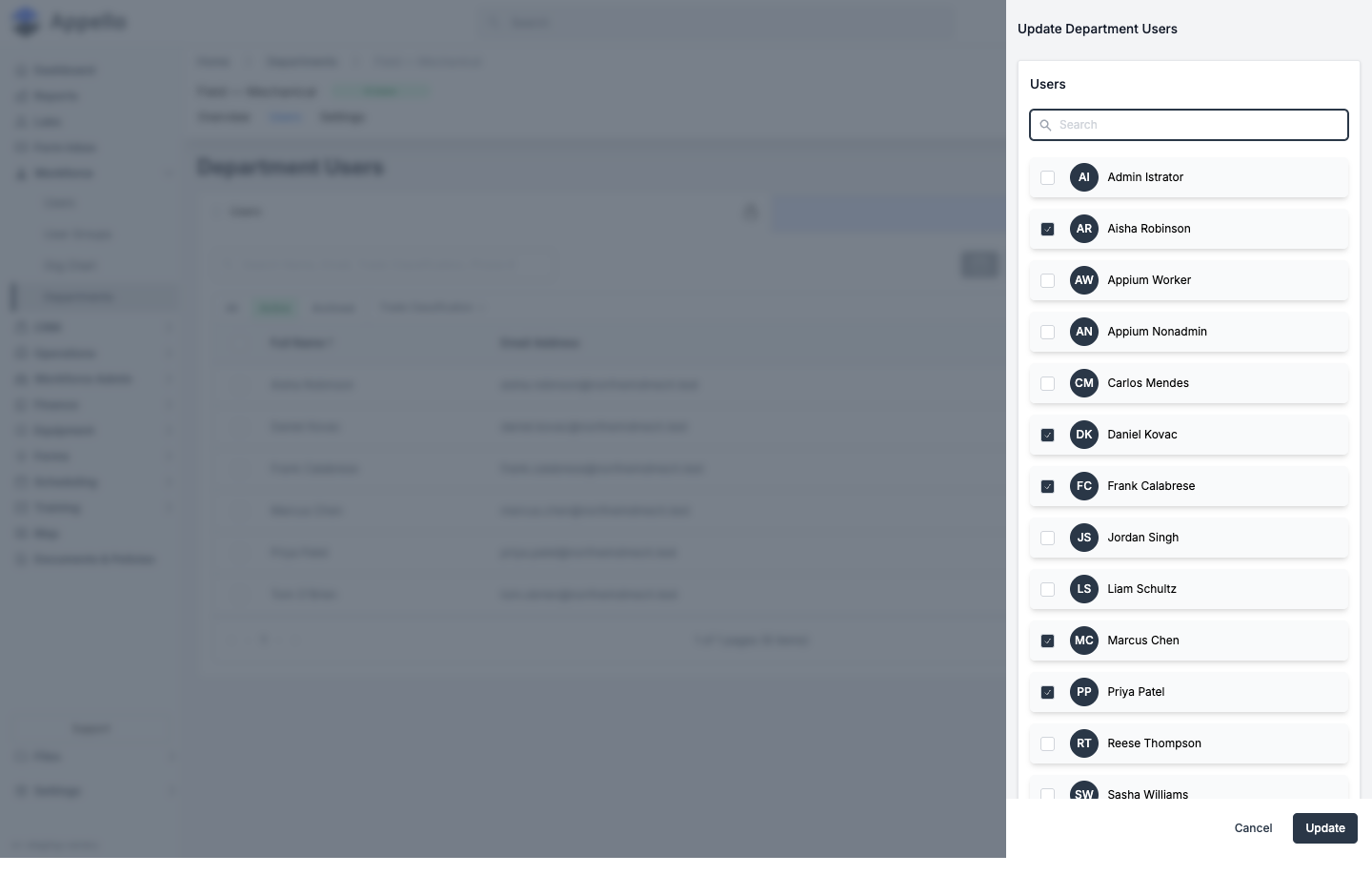 Update Department Users panel, a checklist of users with current department members pre-checked