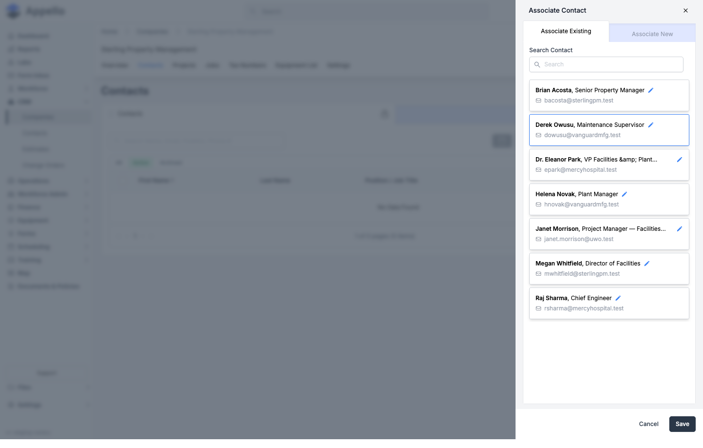 Associate Contact flyout opened from a Company's Contacts tab, showing Associate Existing / Associate New tabs and a searchable list of existing contacts with pencil-icon edit links