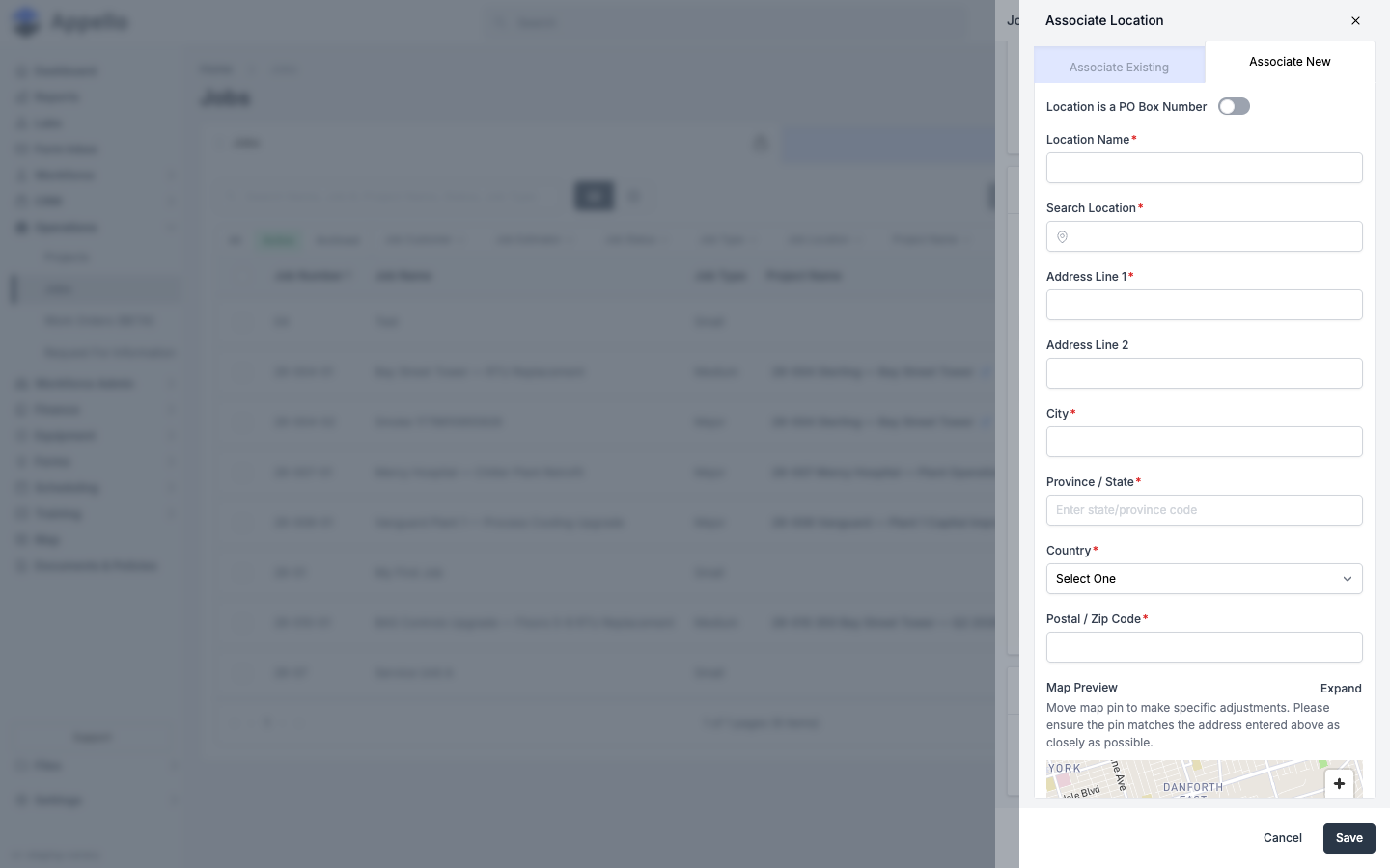Associate New tab of the Associate Location panel, with address fields and a Map Preview showing a draggable pin
