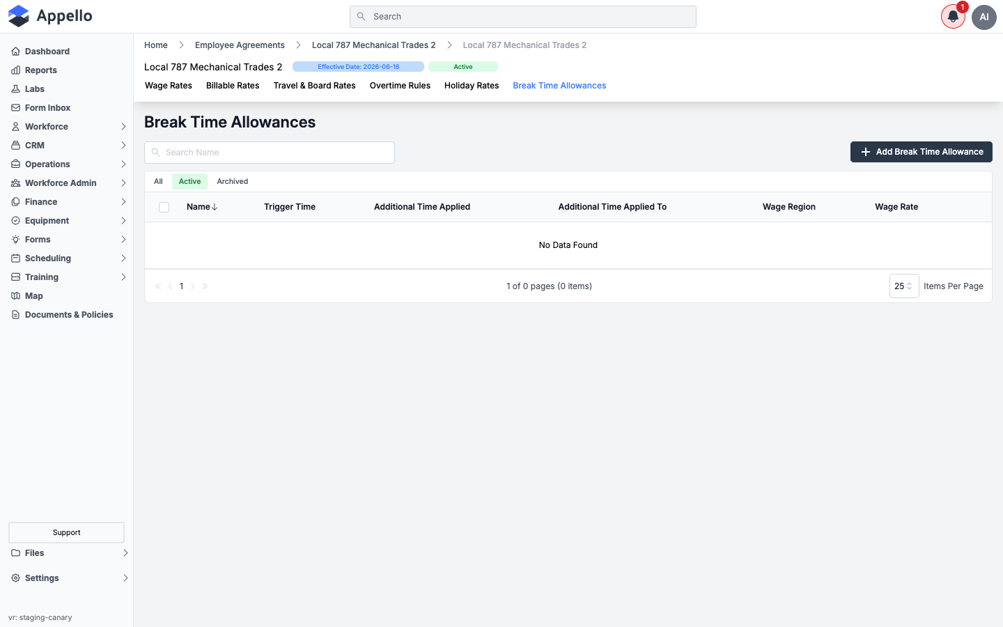 Break Time Allowances tab on an employee agreement contract, empty state