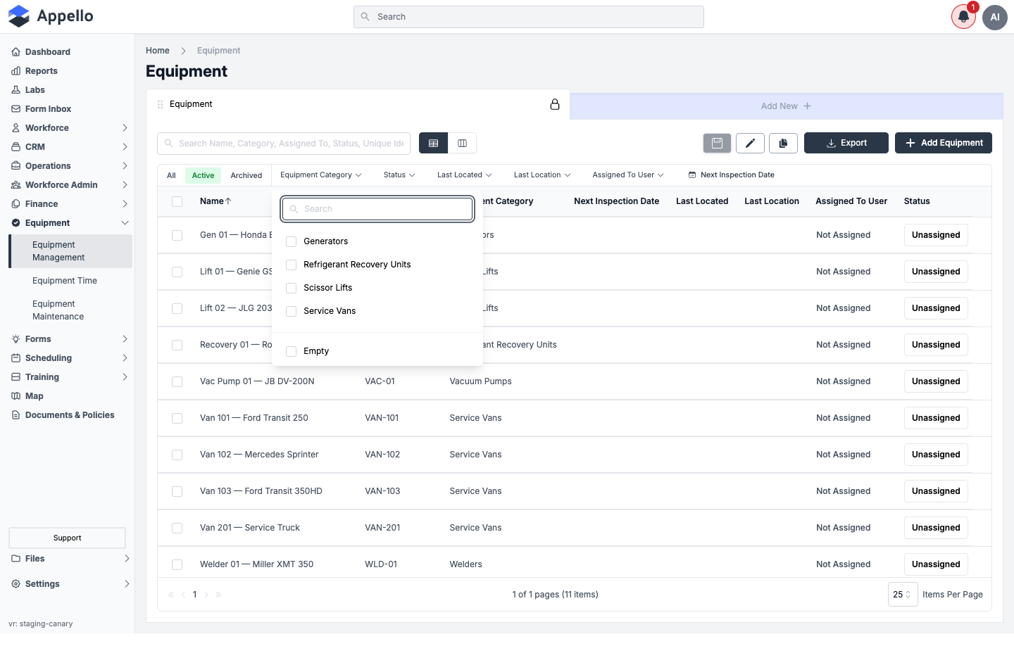 Equipment Category filter dropdown open on the equipment list, with a search box and checkbox options for each category